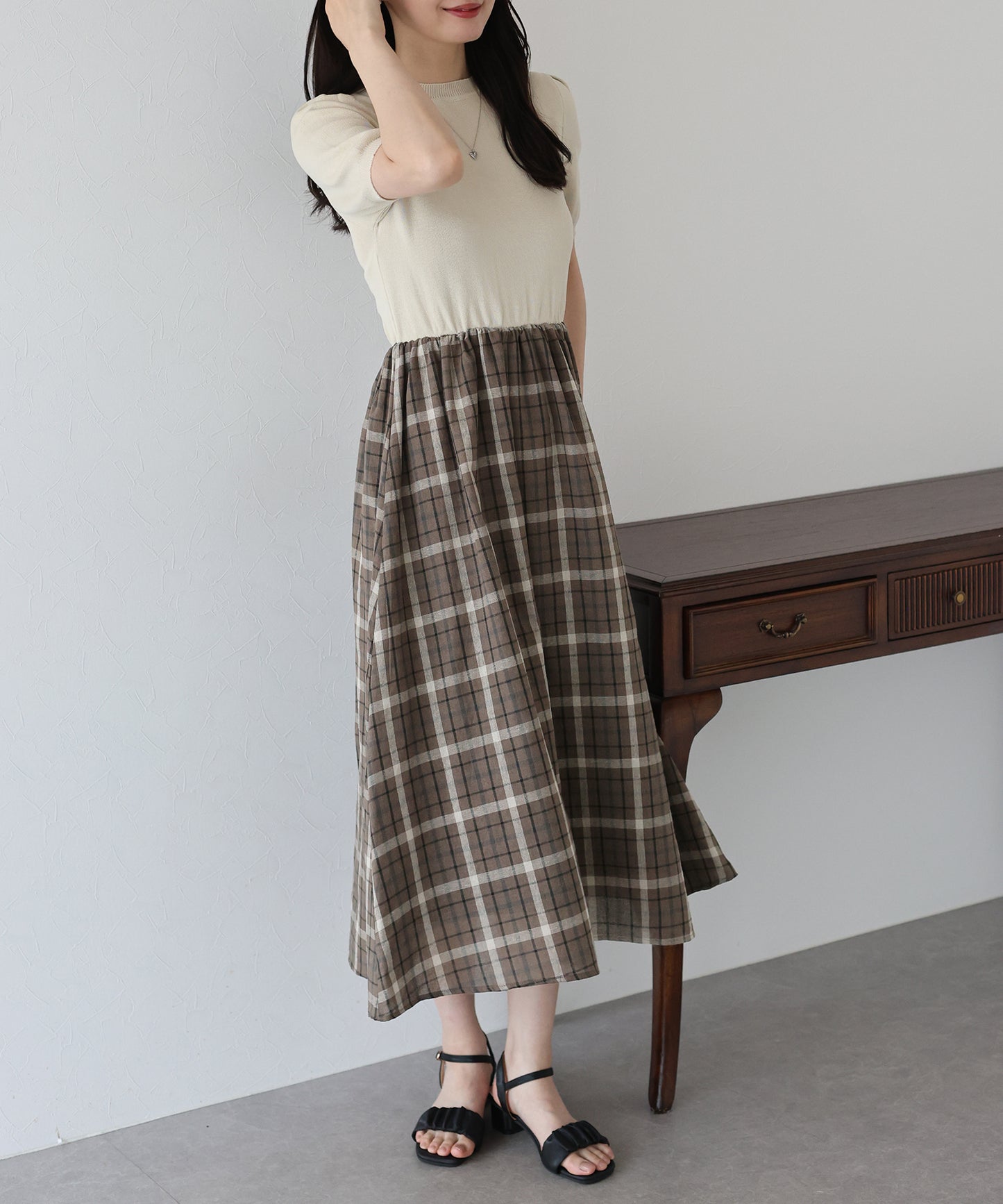 【TIME SALE】チェックドッキングワンピース