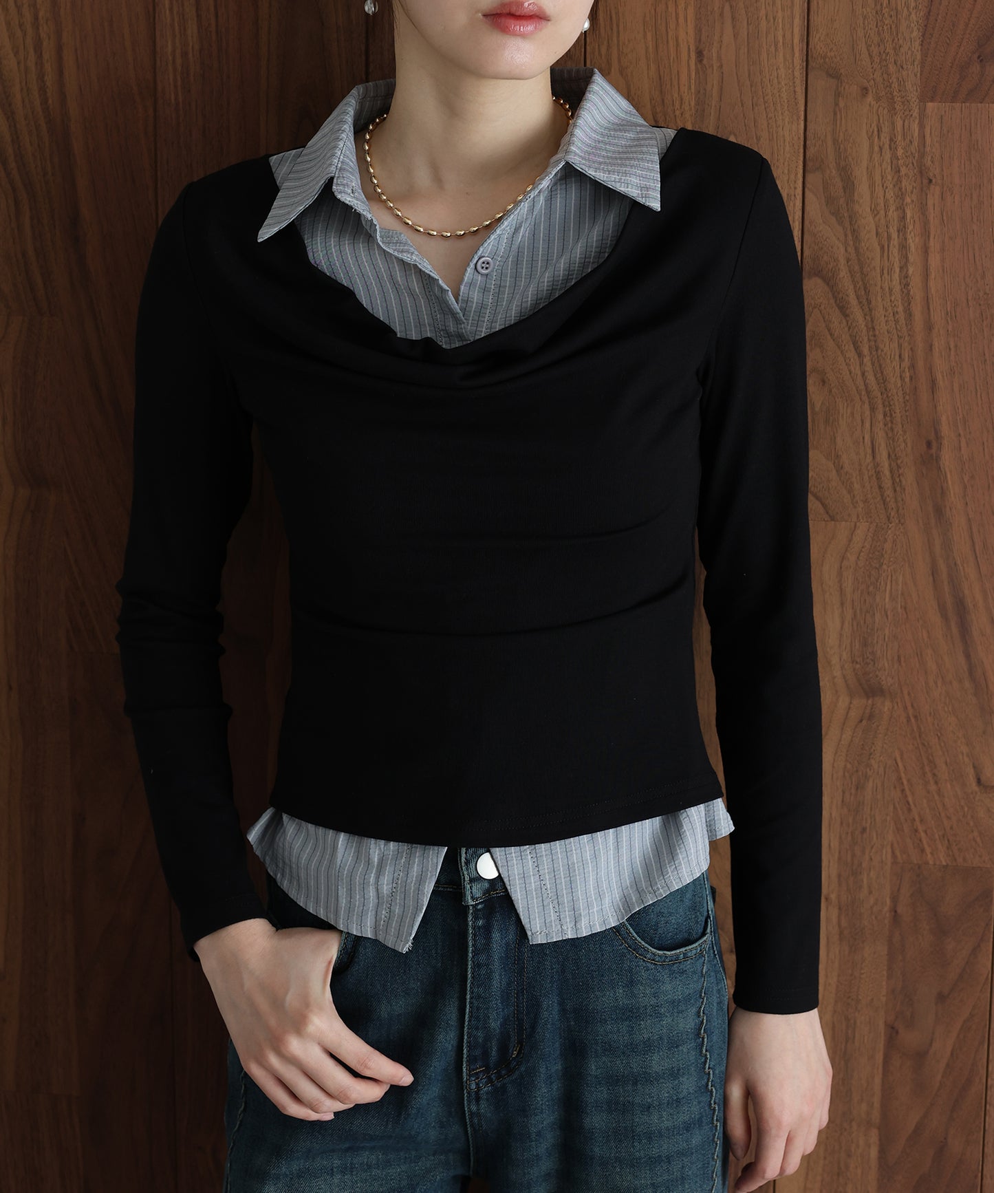 シャツレイヤードドレープトップス【ネコポス】