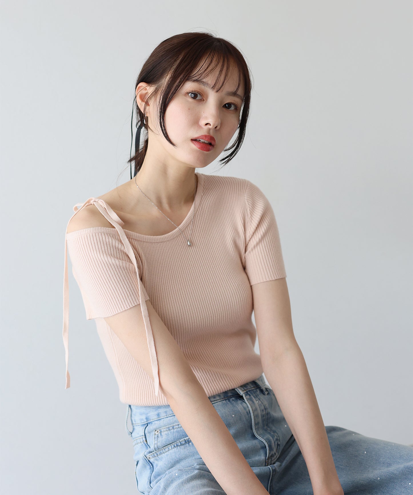 【SALE】ワンオフショルダーリボンニット【ネコポス】