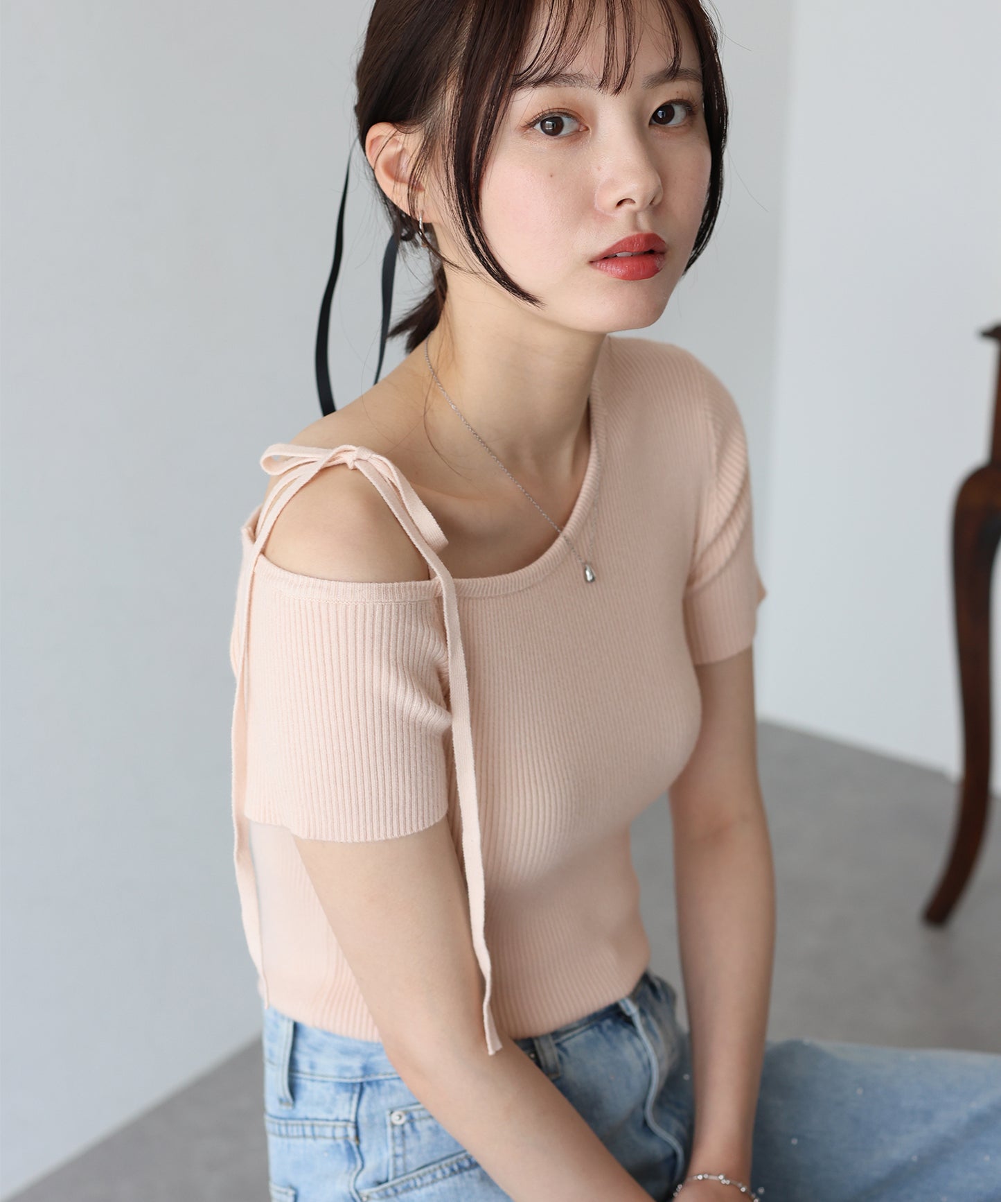 【SALE】ワンオフショルダーリボンニット【ネコポス】