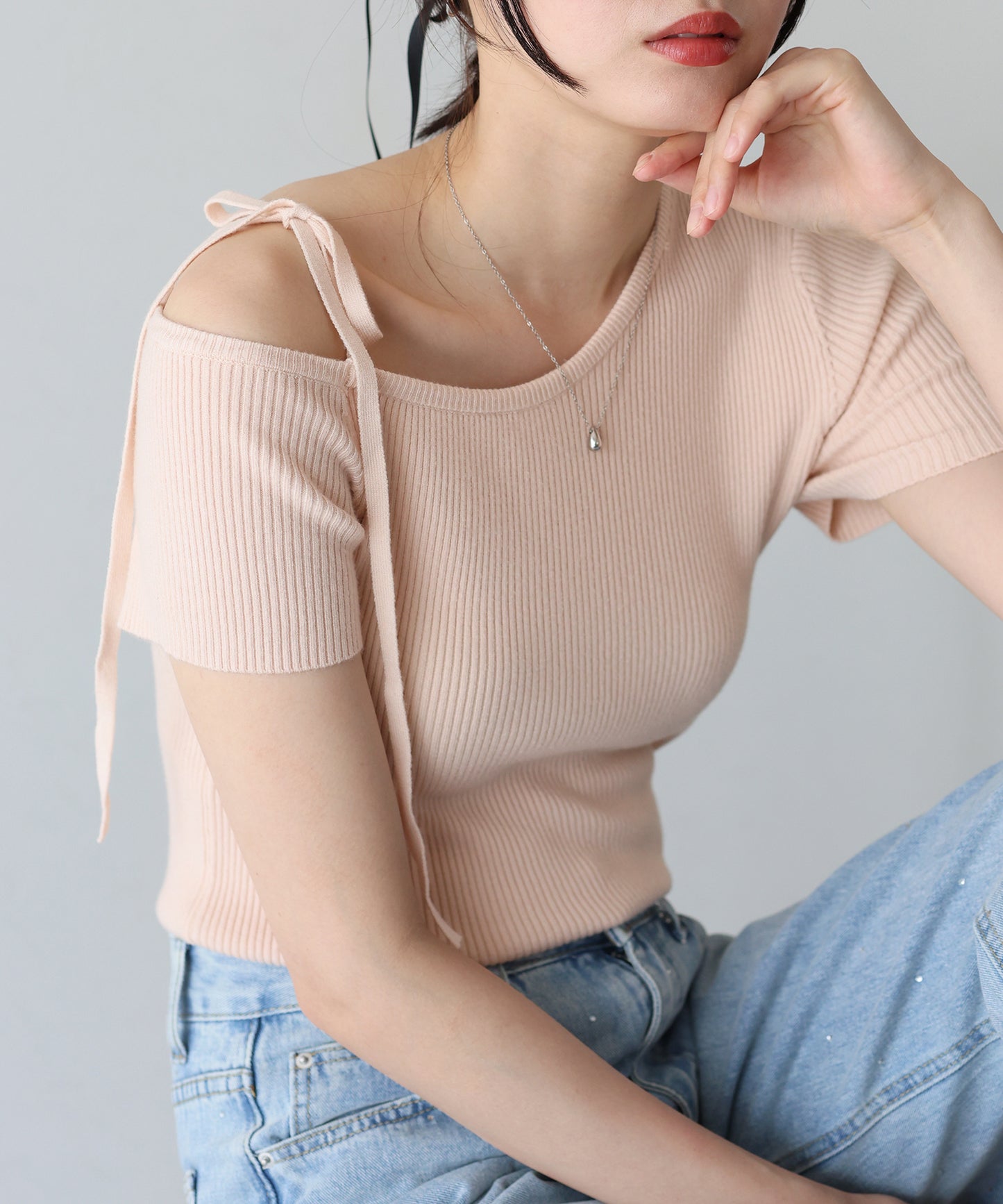 【SALE】ワンオフショルダーリボンニット【ネコポス】