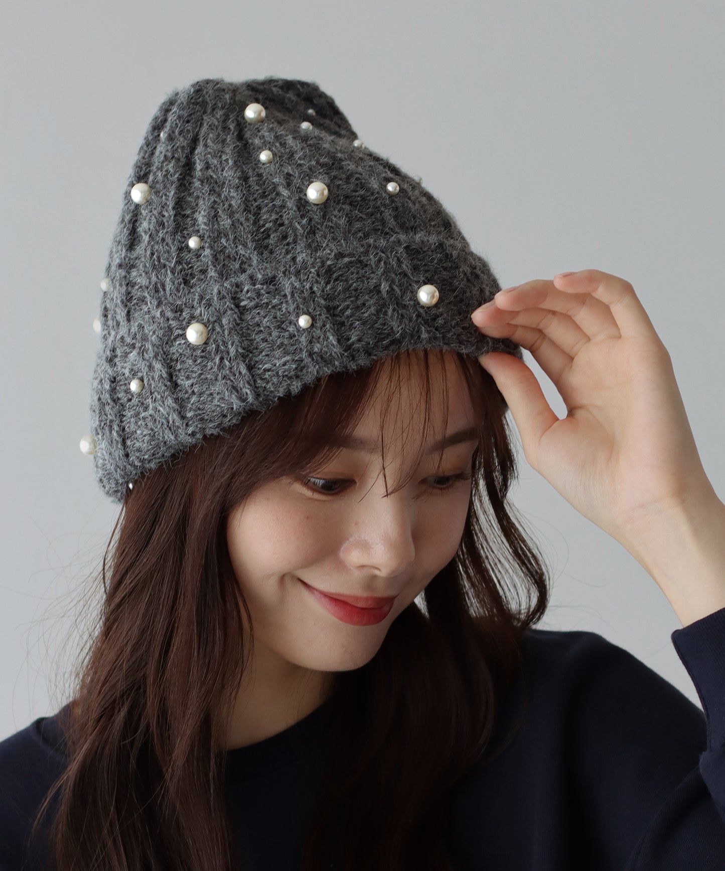 【SALE】パール付きリブニット帽