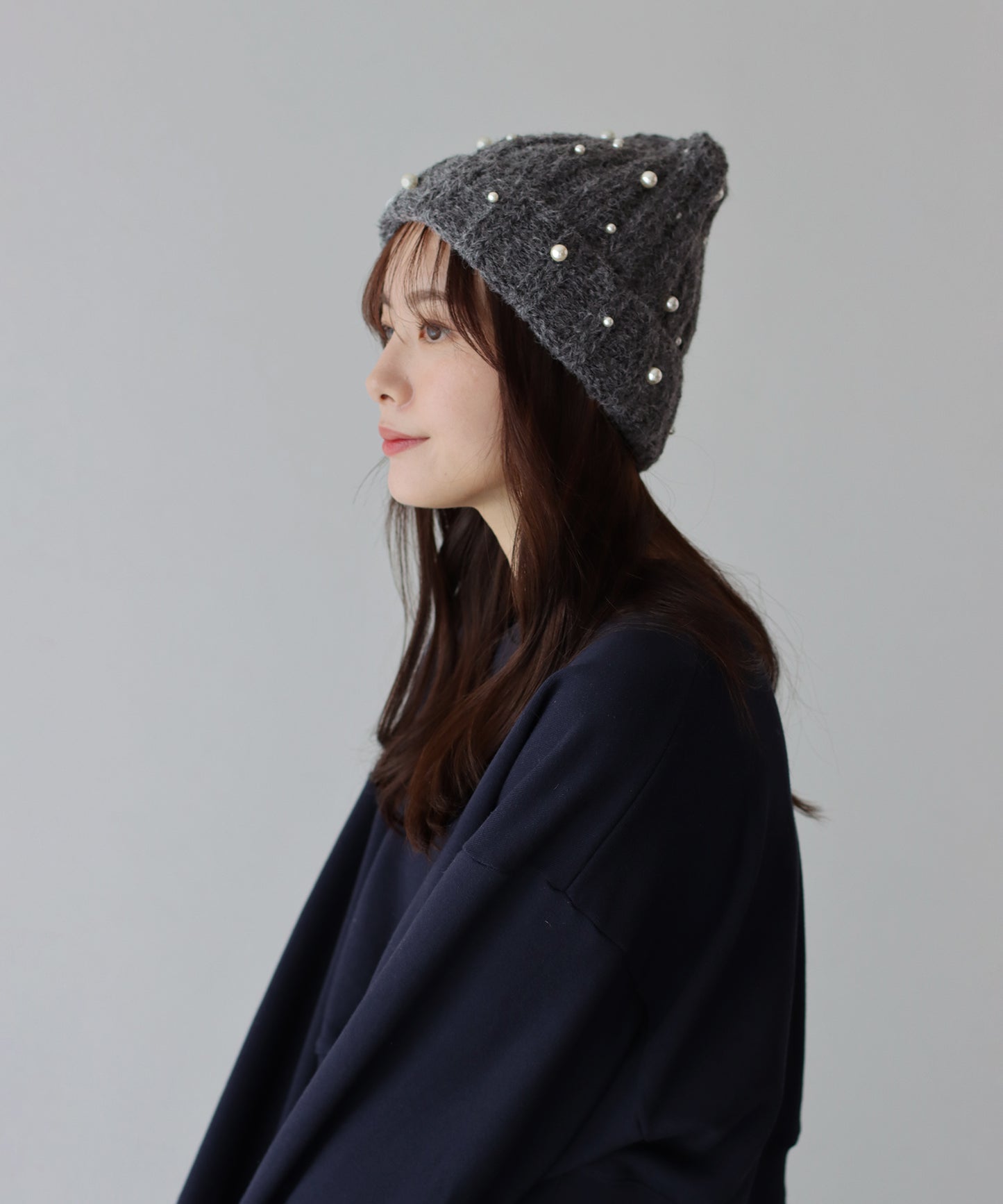【SALE】パール付きリブニット帽