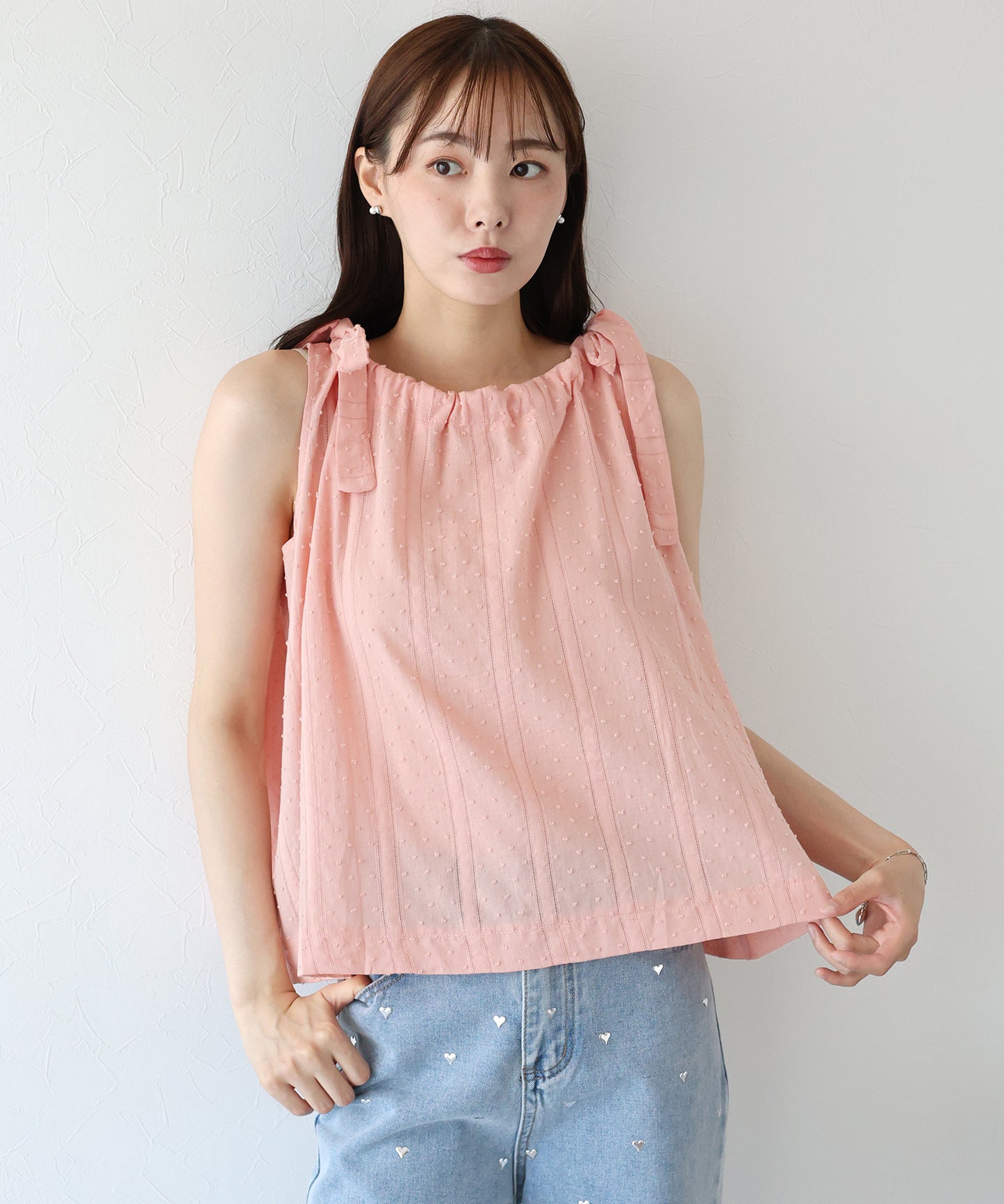 【SALE】ドットジャガードリボンブラウス