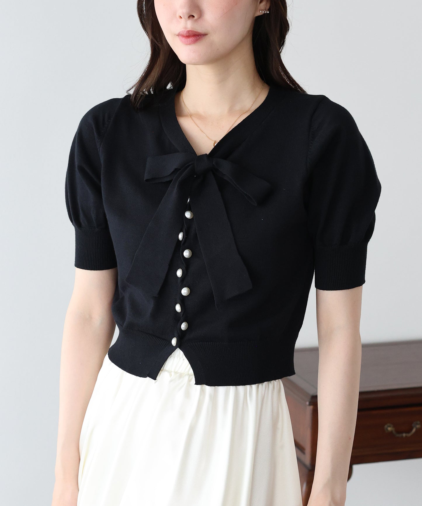 【早割5%OFF】パールボタンボウタイリボンニット