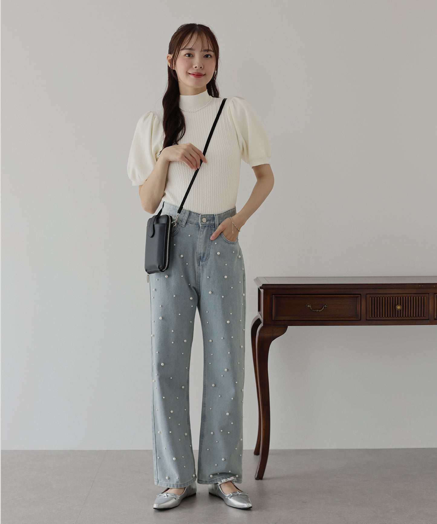 【SALE】パフスリーブ半袖ミニケーブルニット