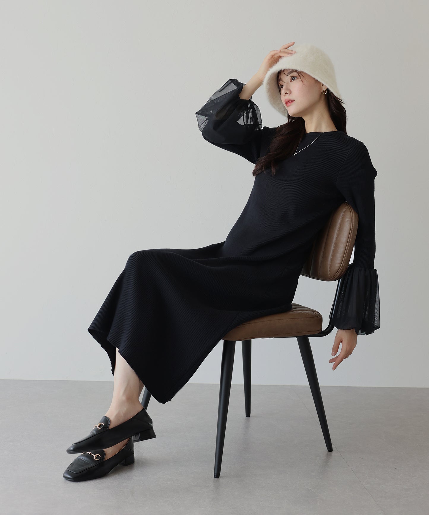 【SALE】チュールカフスニットワンピース