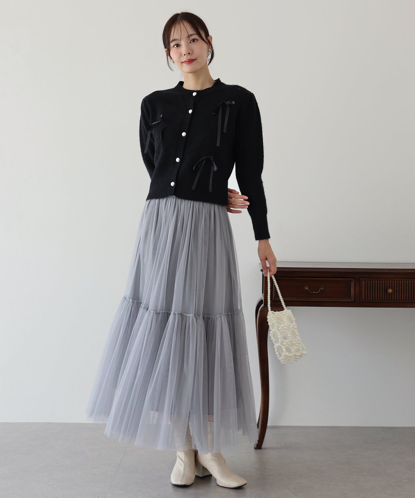 【SALE】リボン付きパールボタンカーディガン