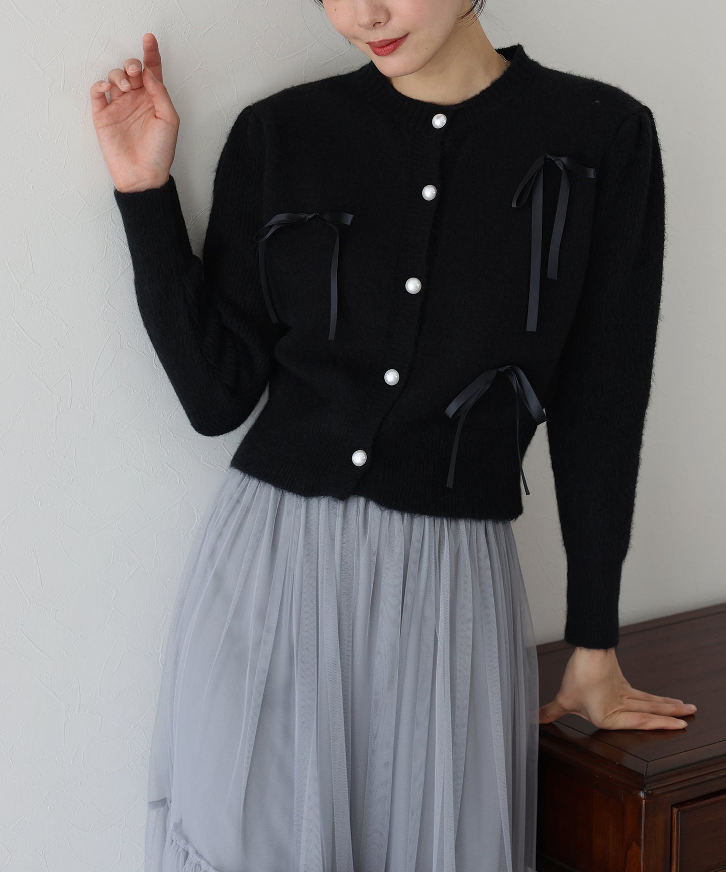 【SALE】リボン付きパールボタンカーディガン