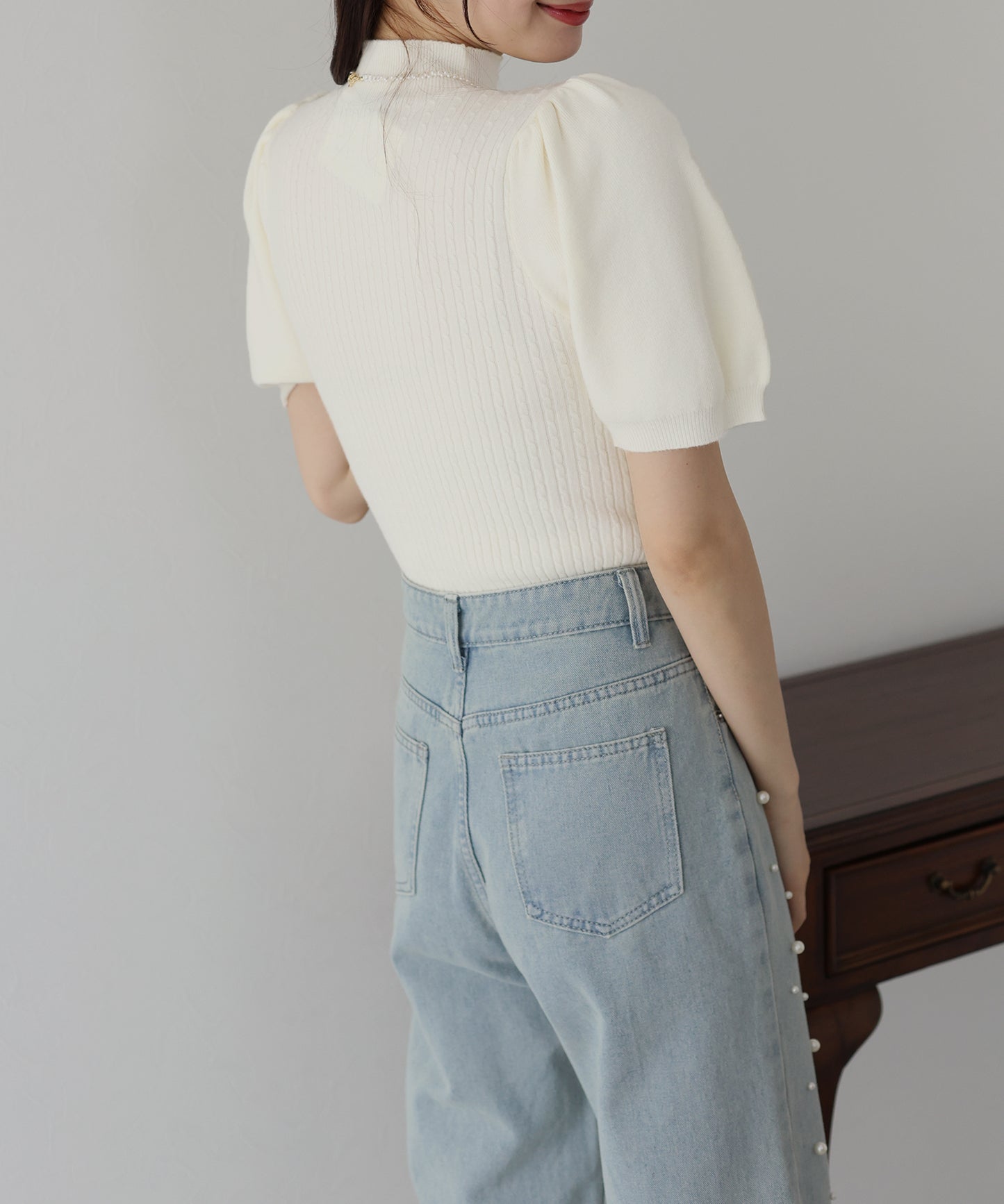 【SALE】パフスリーブ半袖ミニケーブルニット