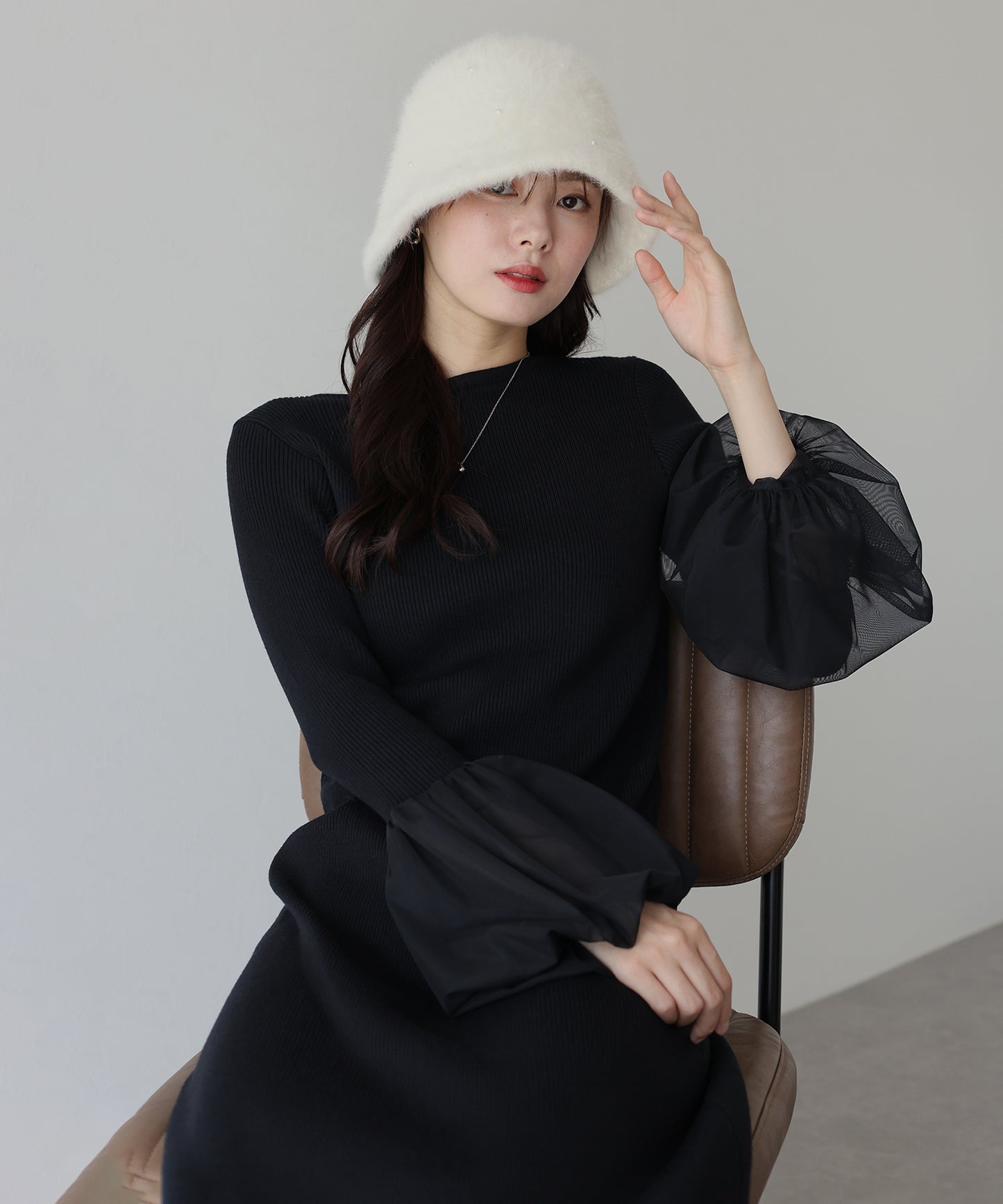 【SALE】チュールカフスニットワンピース