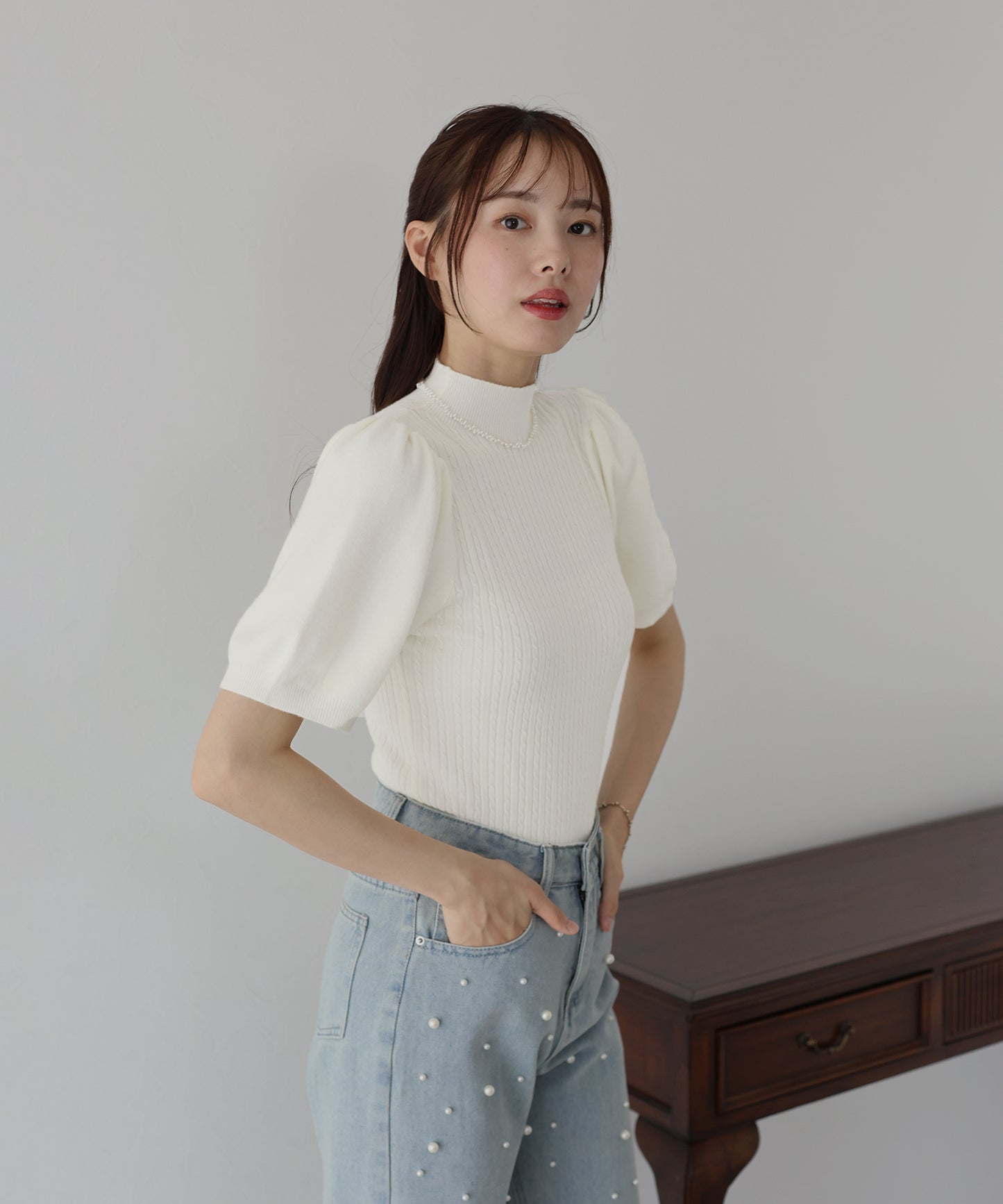 【SALE】パフスリーブ半袖ミニケーブルニット