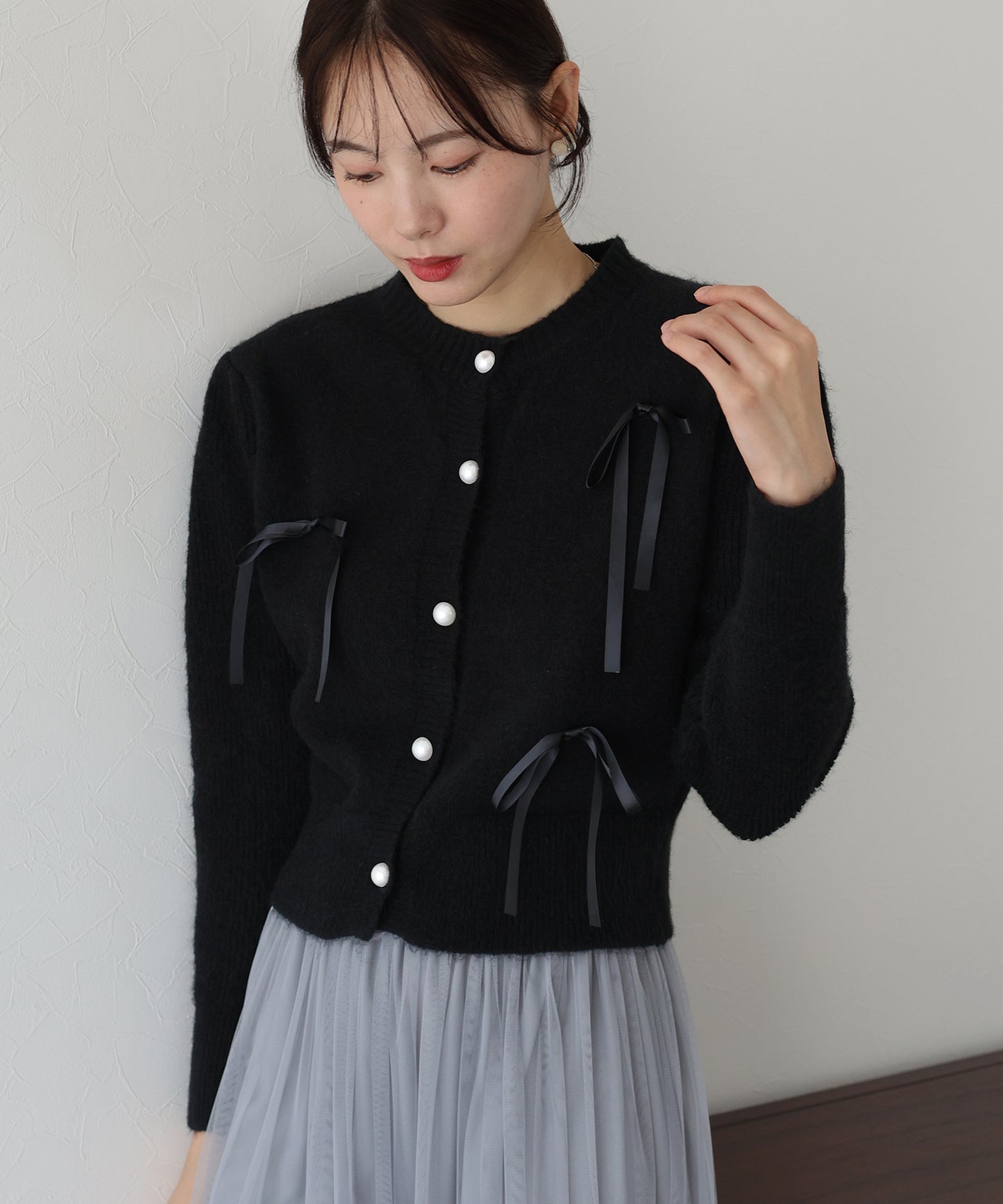 【SALE】リボン付きパールボタンカーディガン