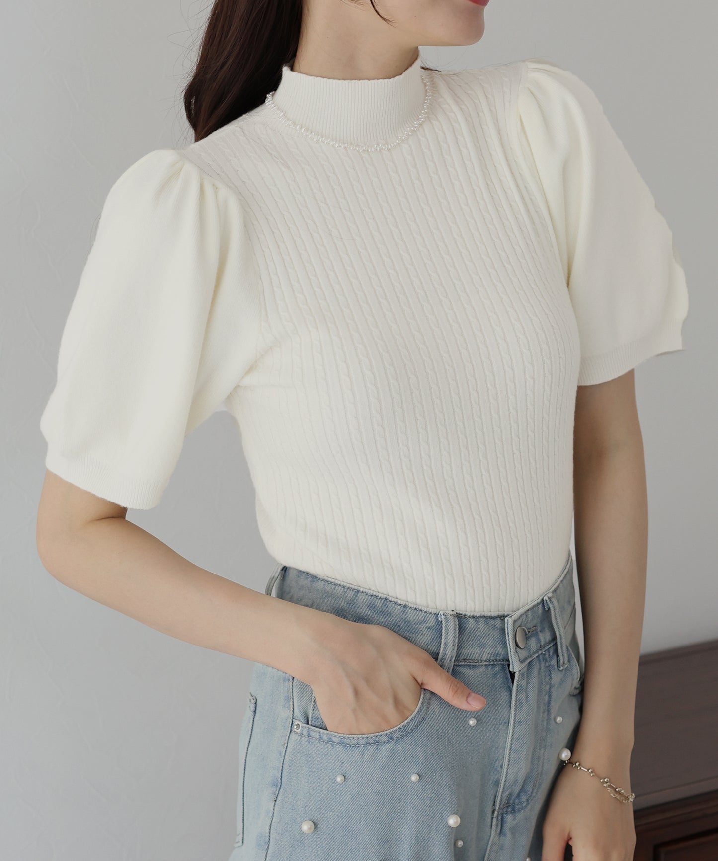 【SALE】パフスリーブ半袖ミニケーブルニット