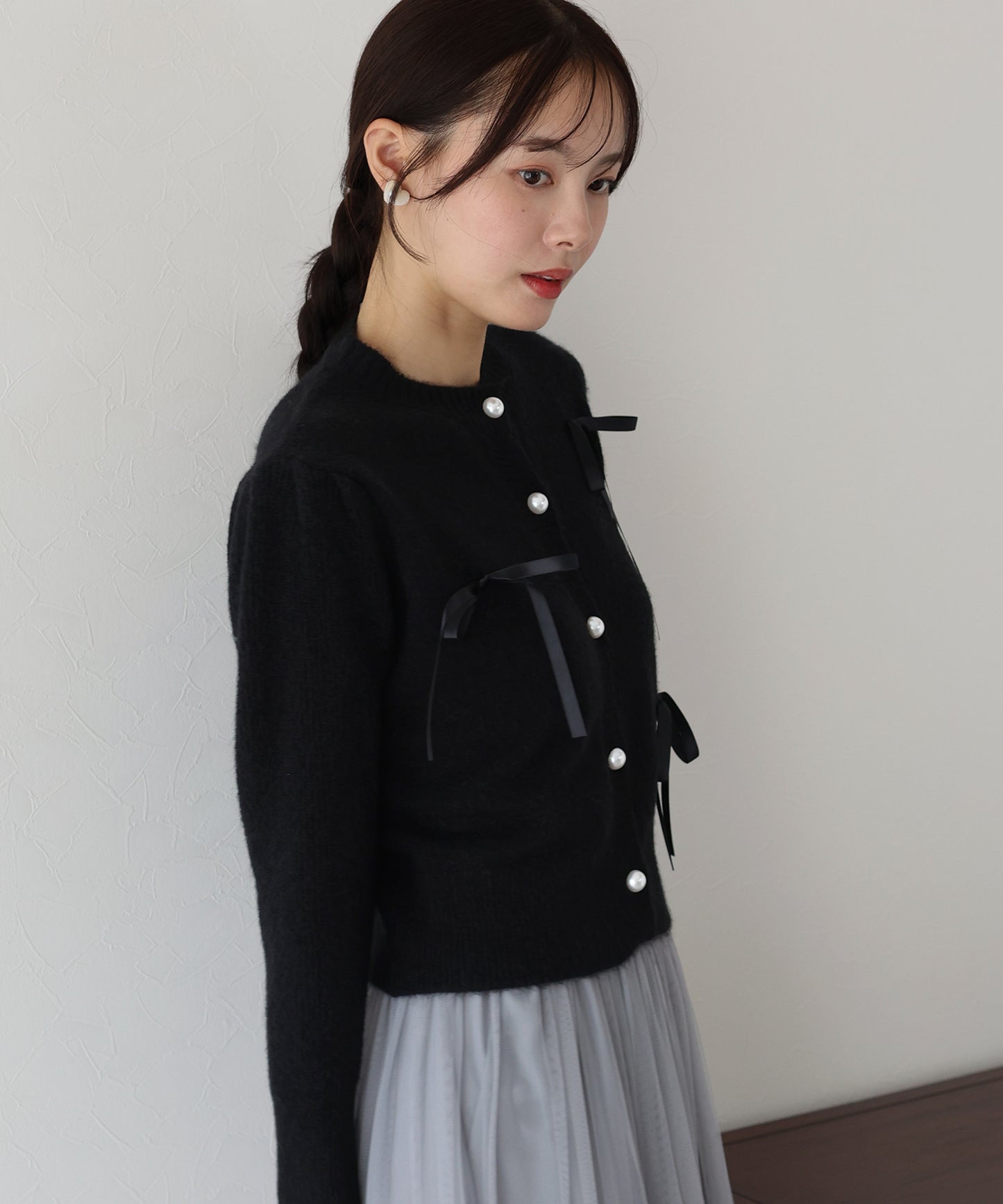 【SALE】リボン付きパールボタンカーディガン