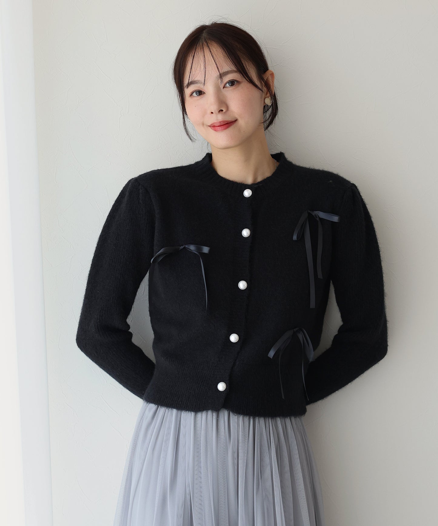 【SALE】リボン付きパールボタンカーディガン
