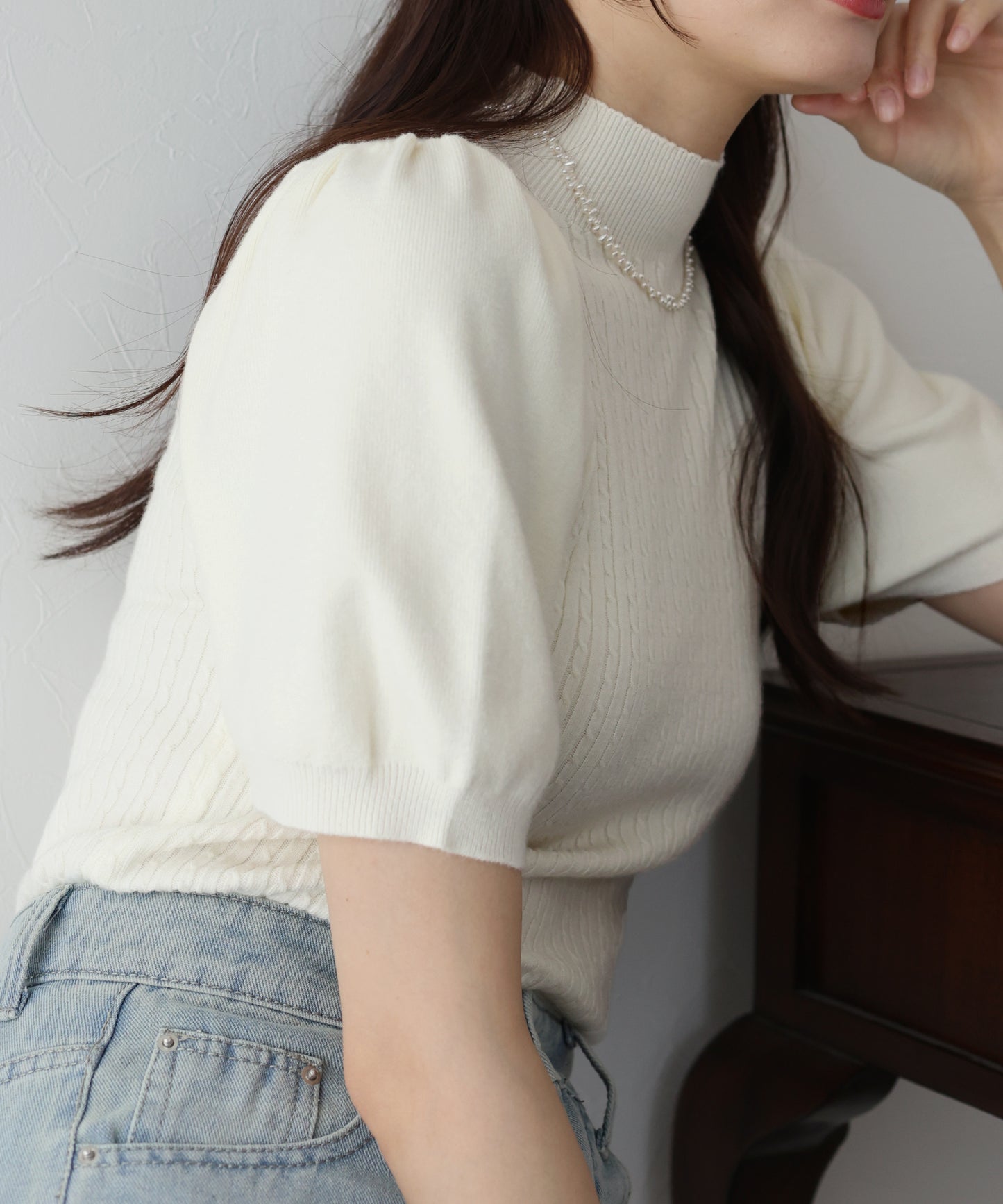 【SALE】パフスリーブ半袖ミニケーブルニット