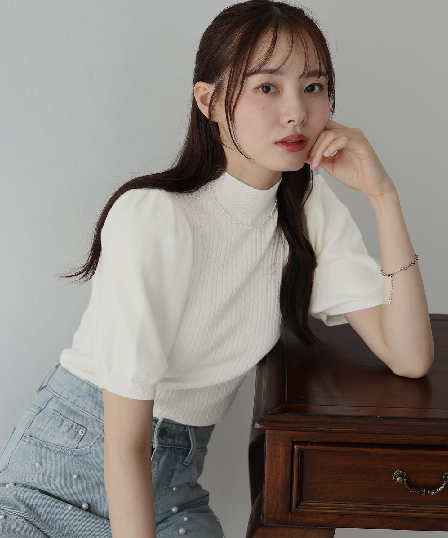 【SALE】パフスリーブ半袖ミニケーブルニット