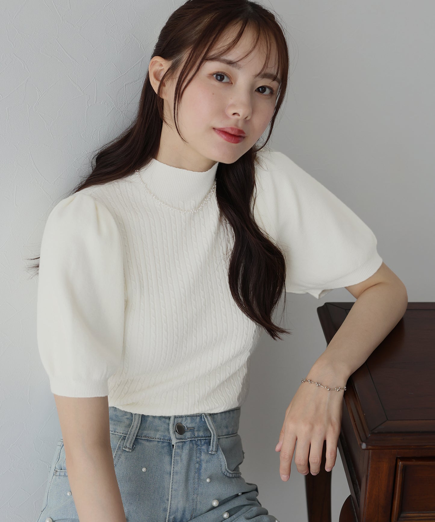 【SALE】パフスリーブ半袖ミニケーブルニット