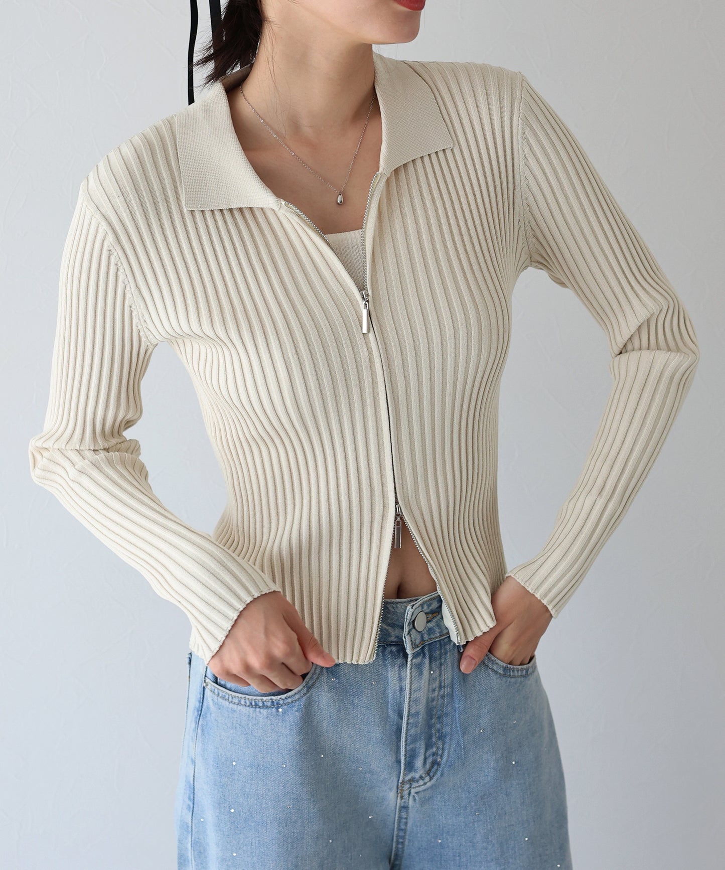 【SALE】バイカラーポロ襟Wジップカーディガン