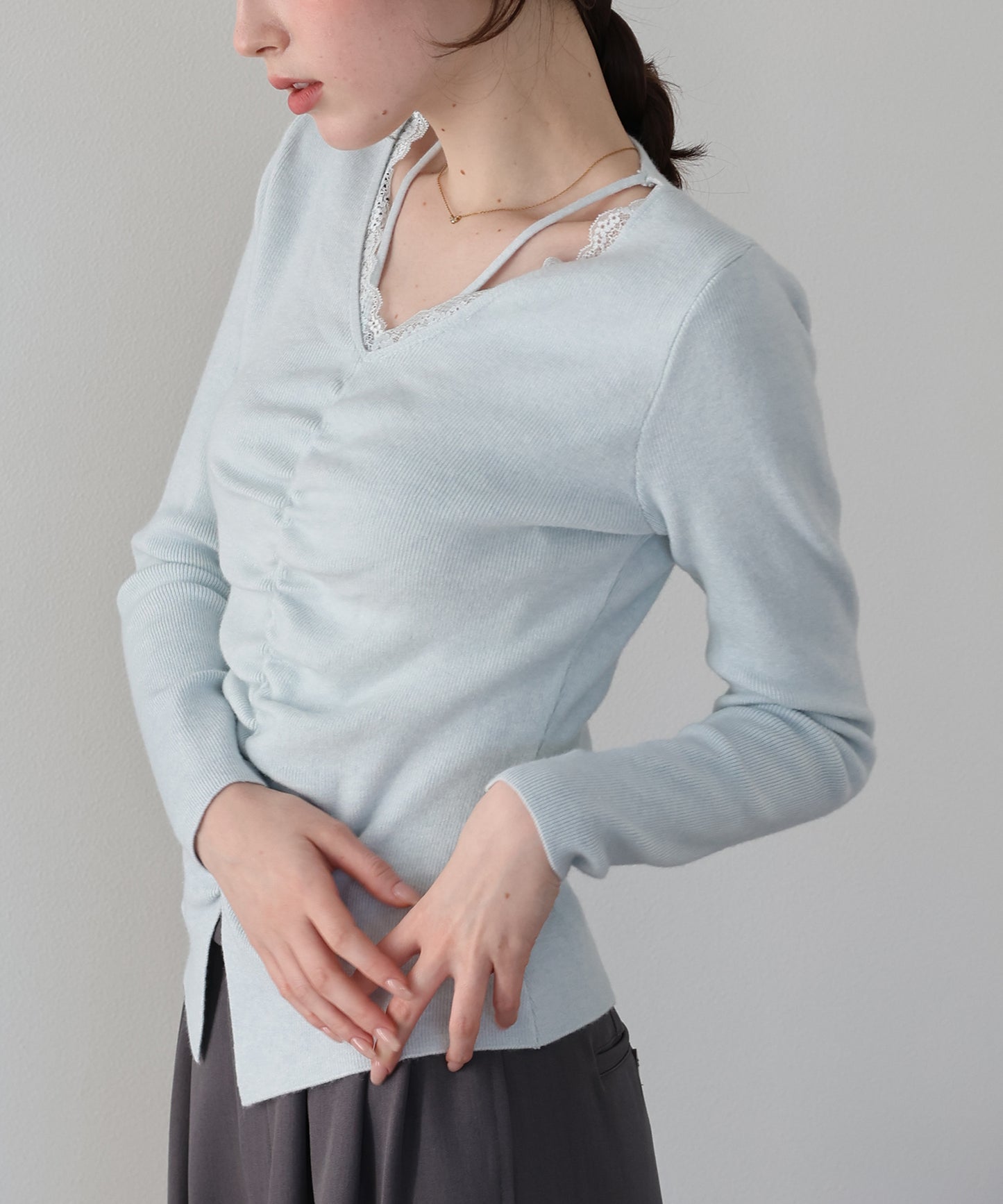 【早割5%OFF】フロントギャザーレースニット