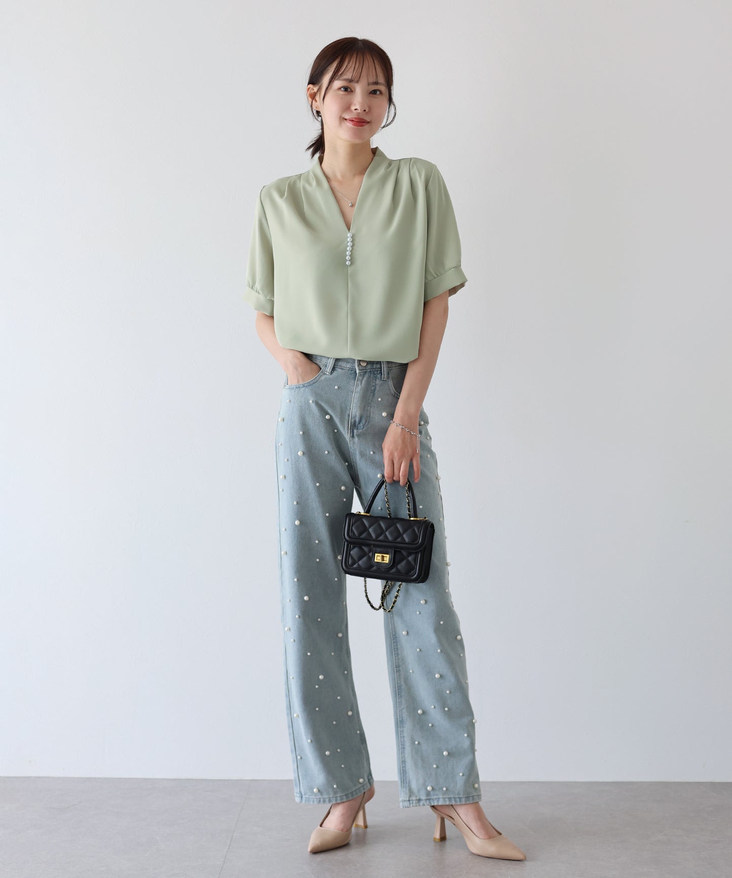 【SALE】パールラインVネックブラウス【ネコポス】