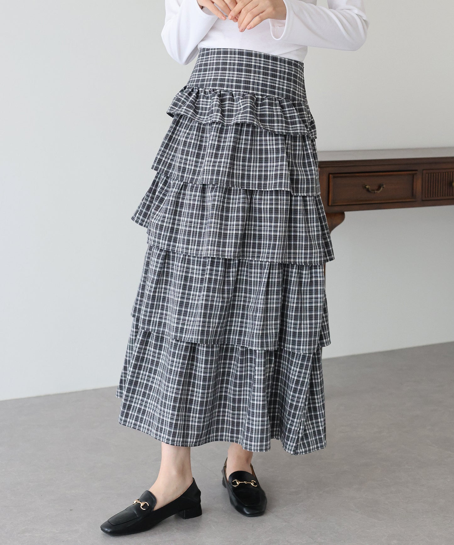 【SALE】チェック柄フリルティアードスカート