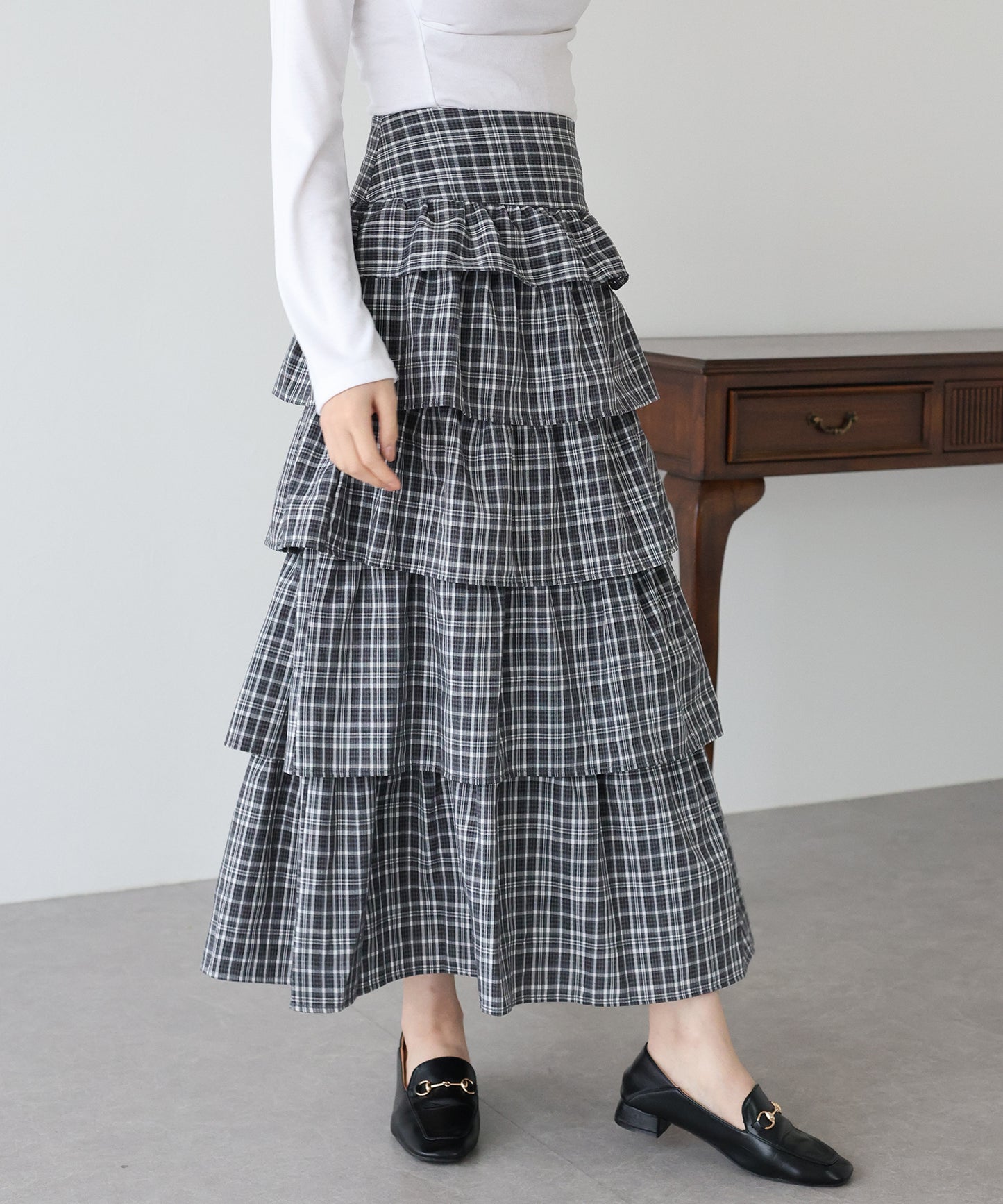 【SALE】チェック柄フリルティアードスカート