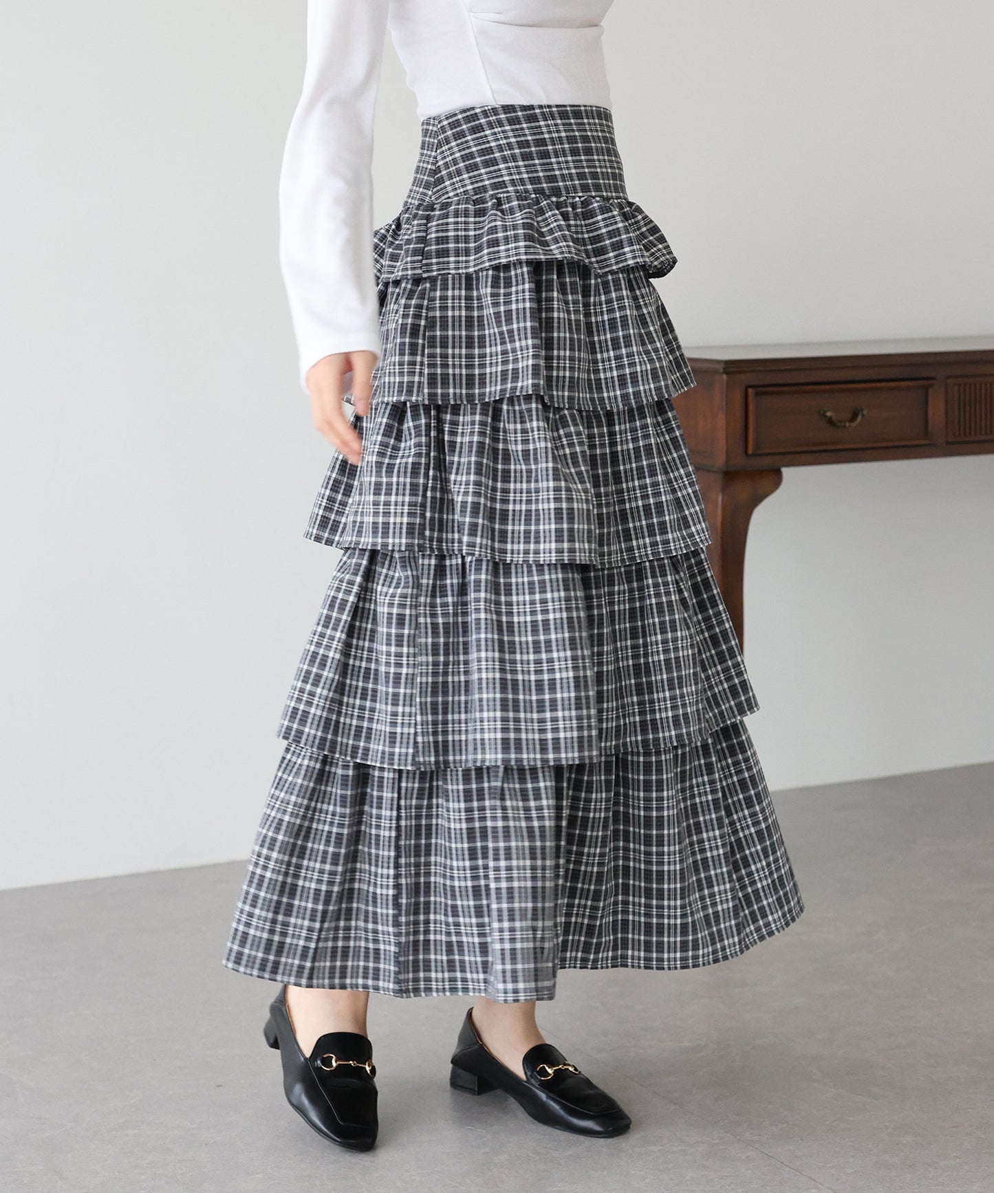 【SALE】チェック柄フリルティアードスカート