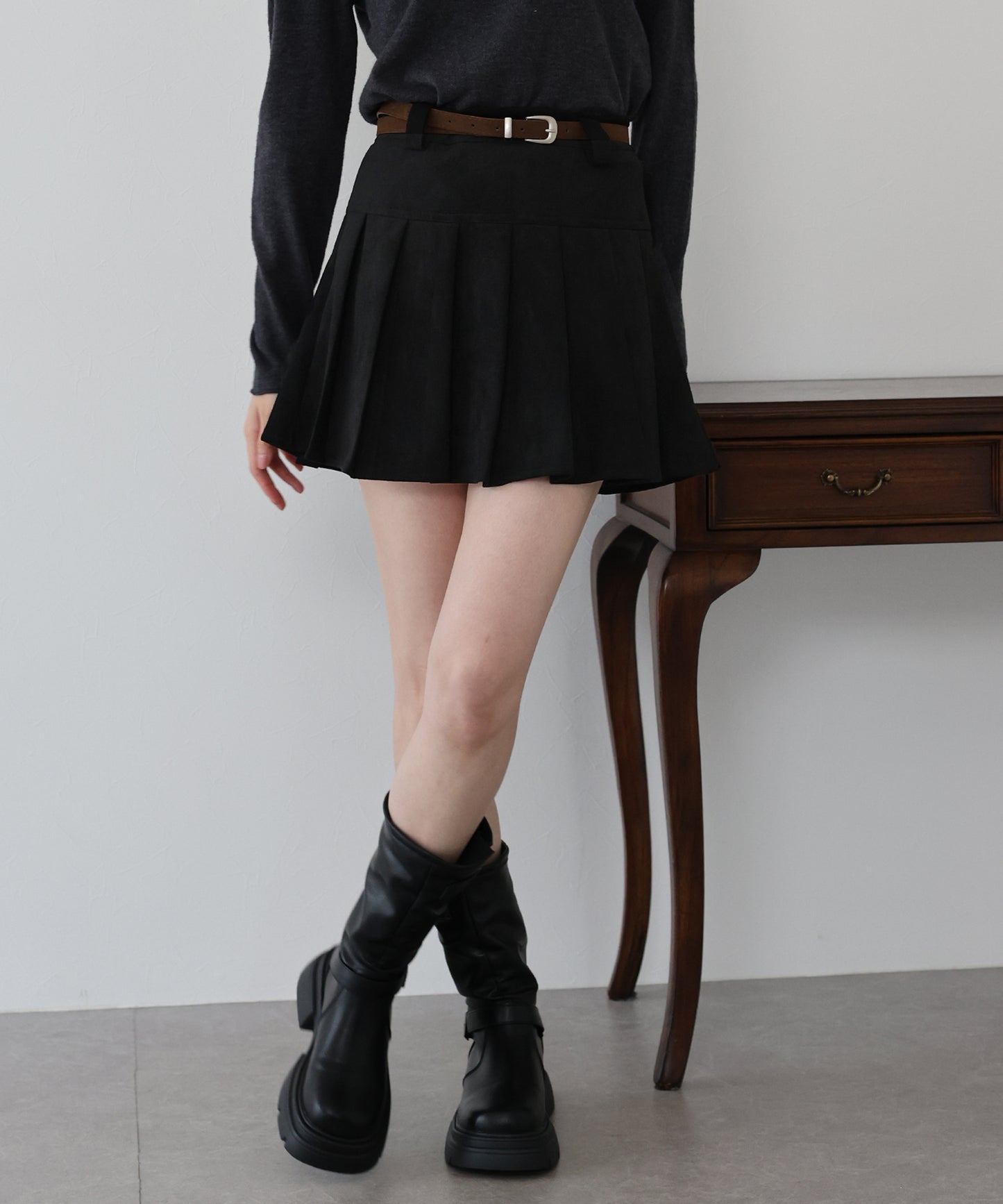 【早割5%OFF】ベルトSETスウェードプリーツミニスカート
