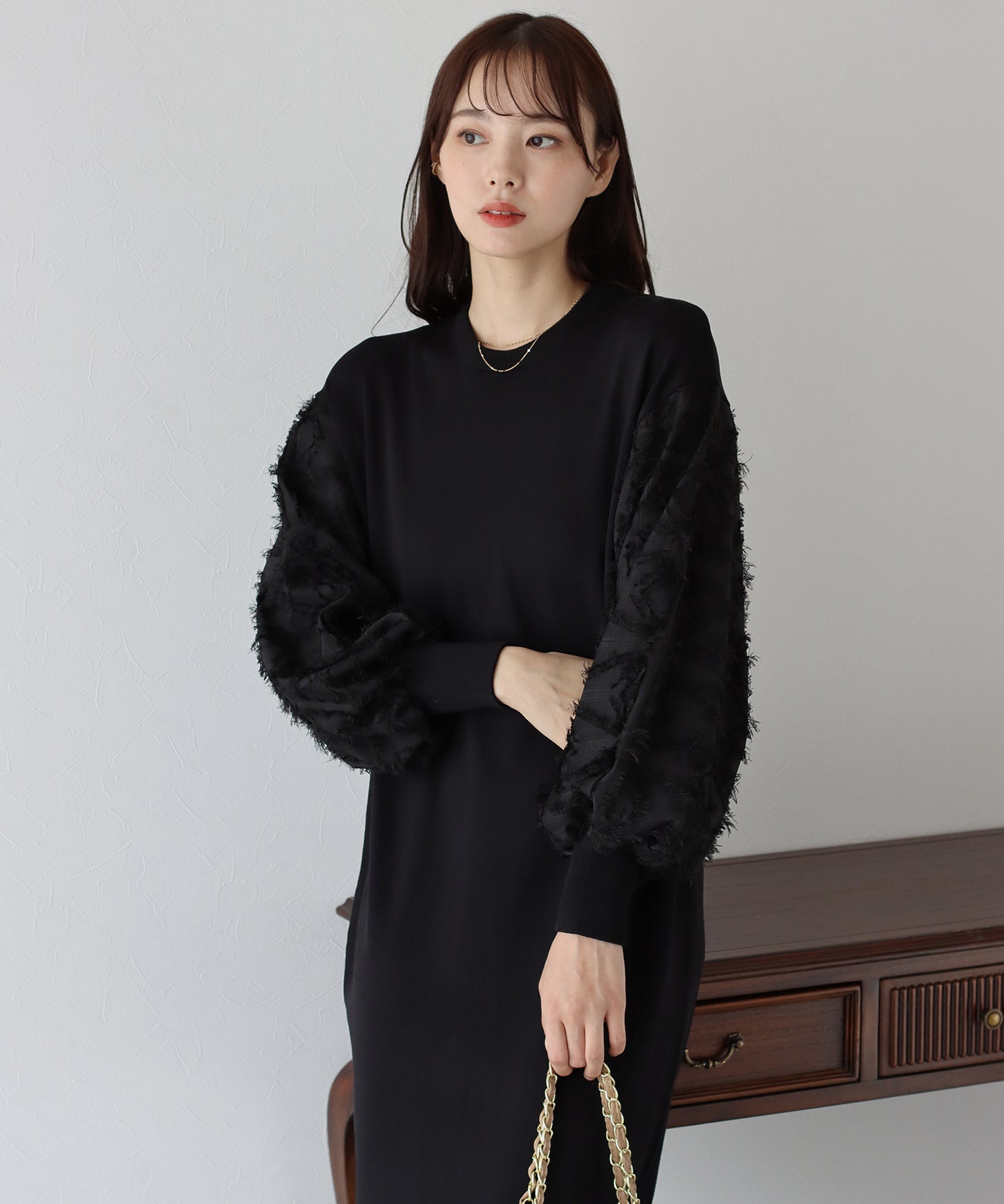 【TIME SALE】カットジャガード袖ニットワンピース
