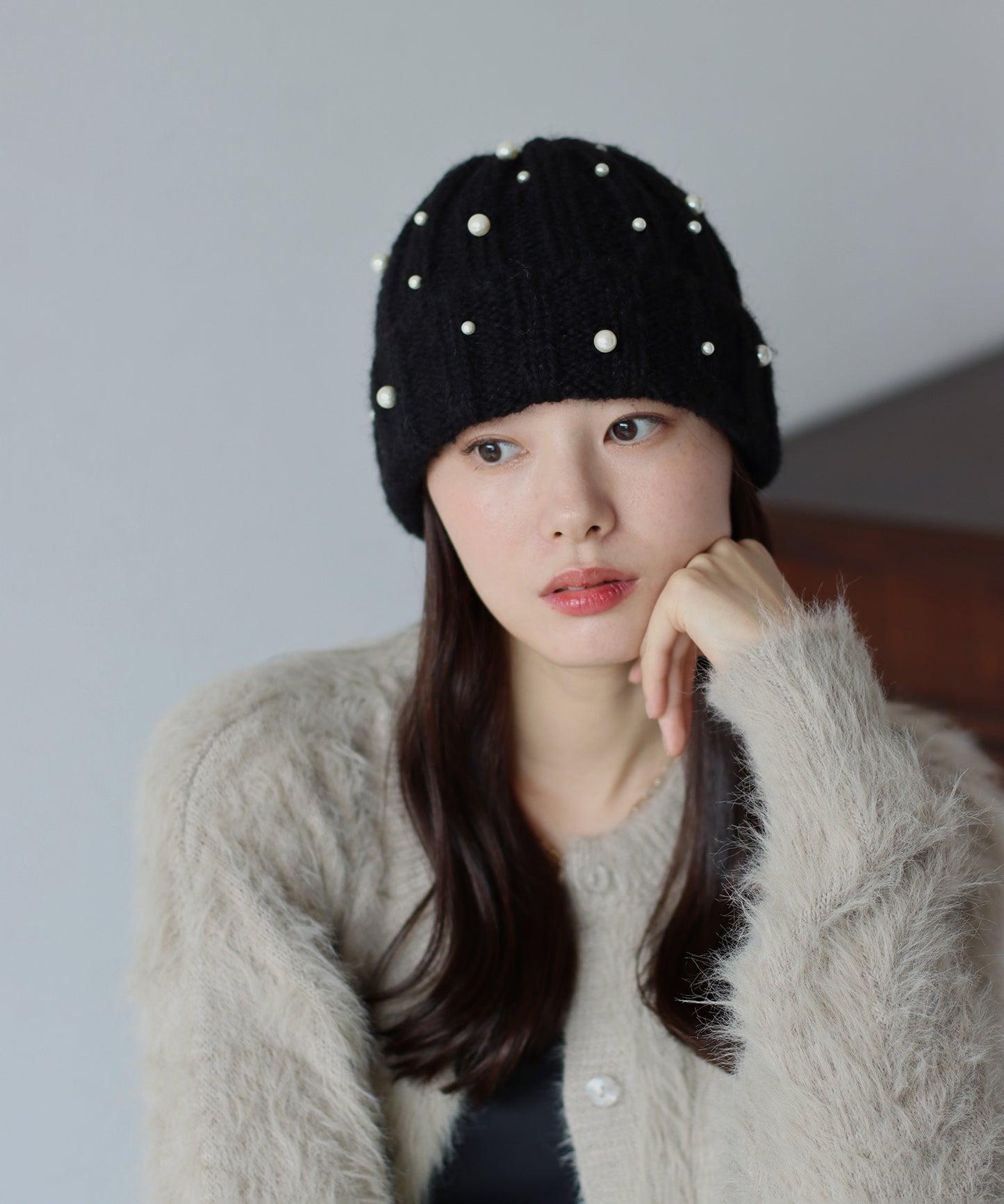 【SALE】パール付きリブニット帽