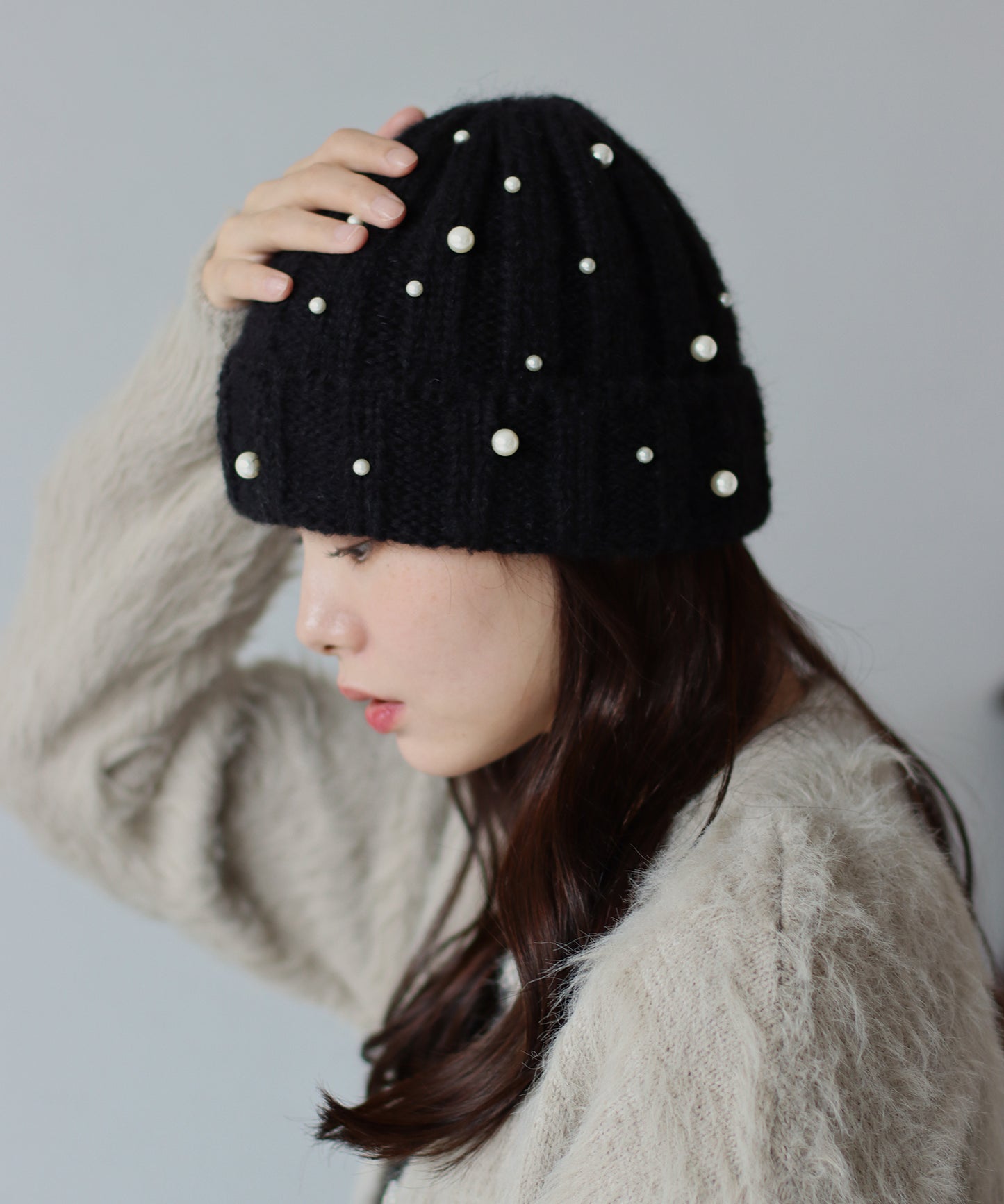 【SALE】パール付きリブニット帽