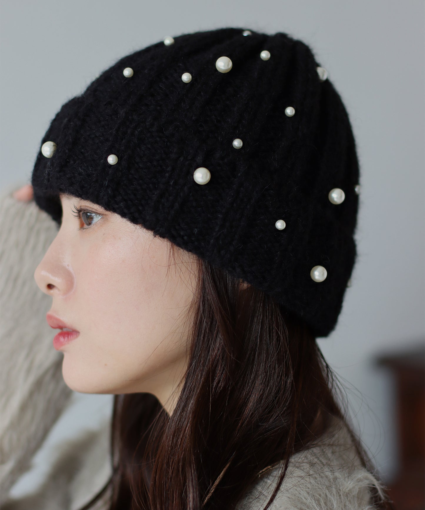【SALE】パール付きリブニット帽