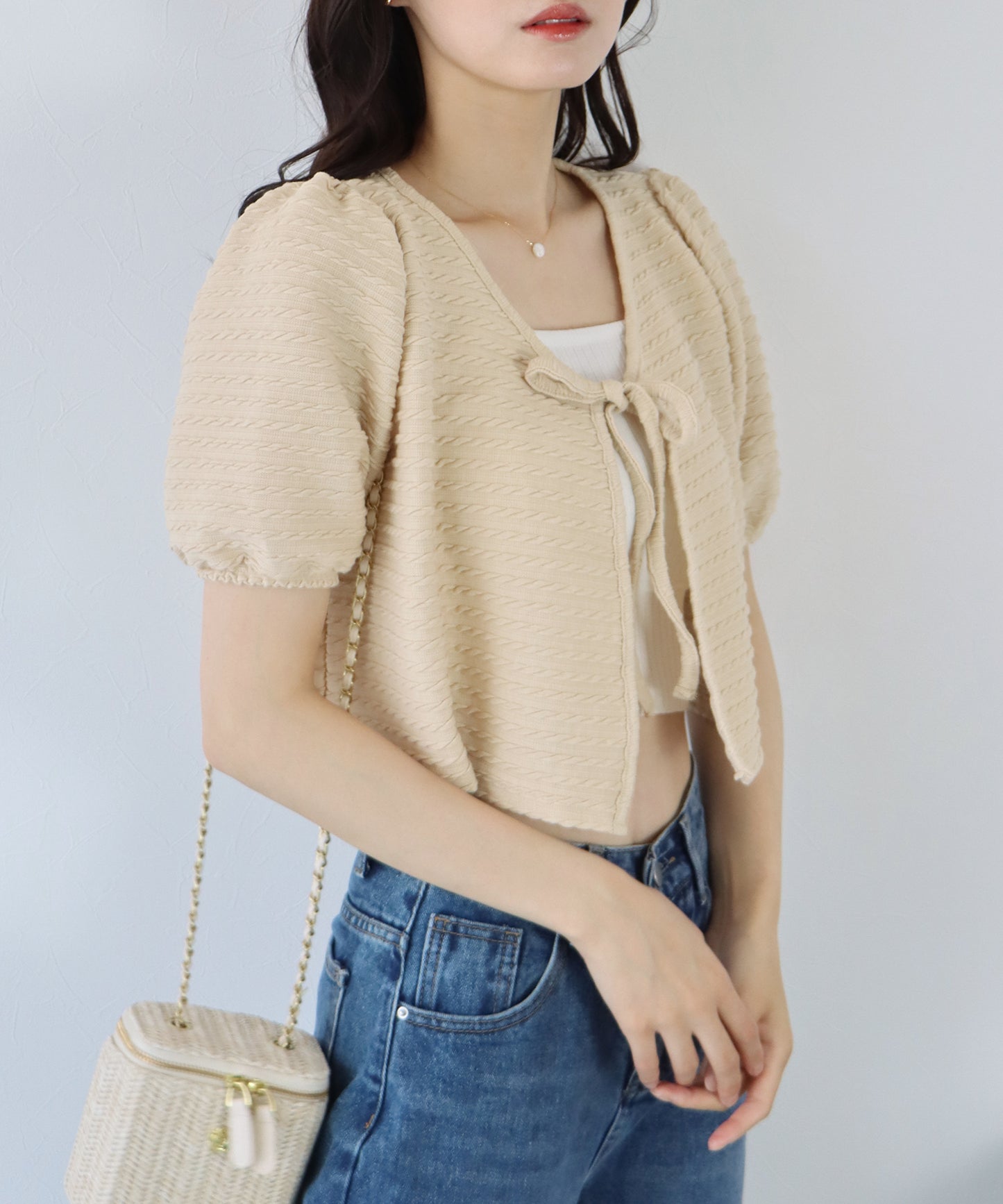 【SALE】半袖ケーブル柄リボンカーディガン