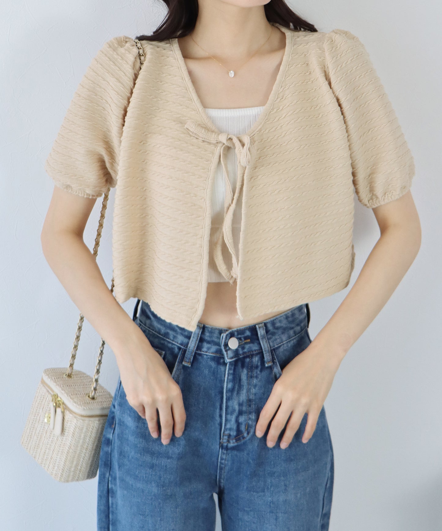 【SALE】半袖ケーブル柄リボンカーディガン