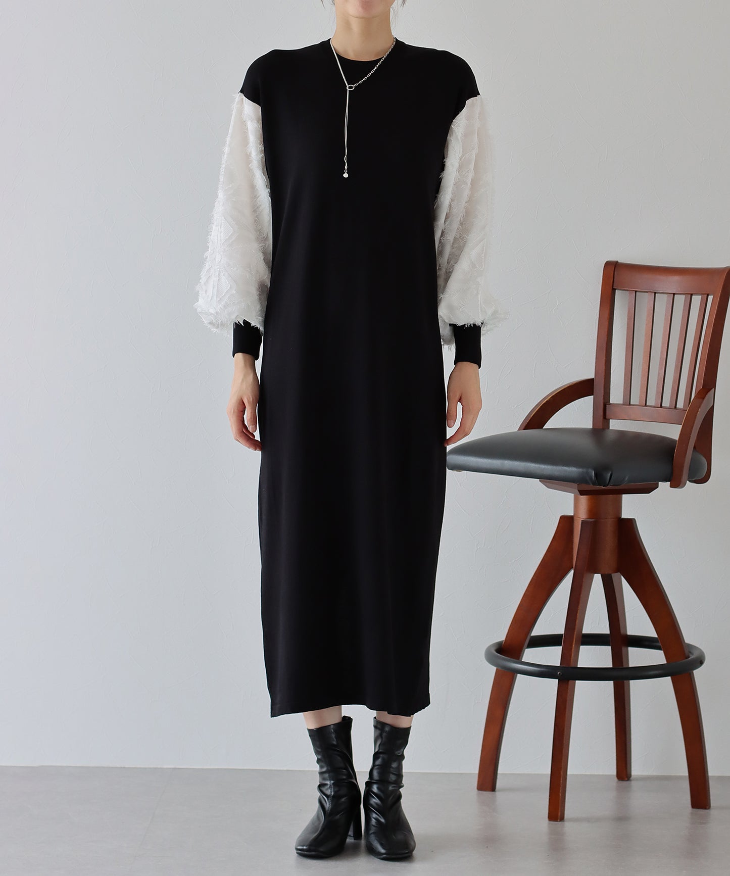 【TIME SALE】カットジャガード袖ニットワンピース