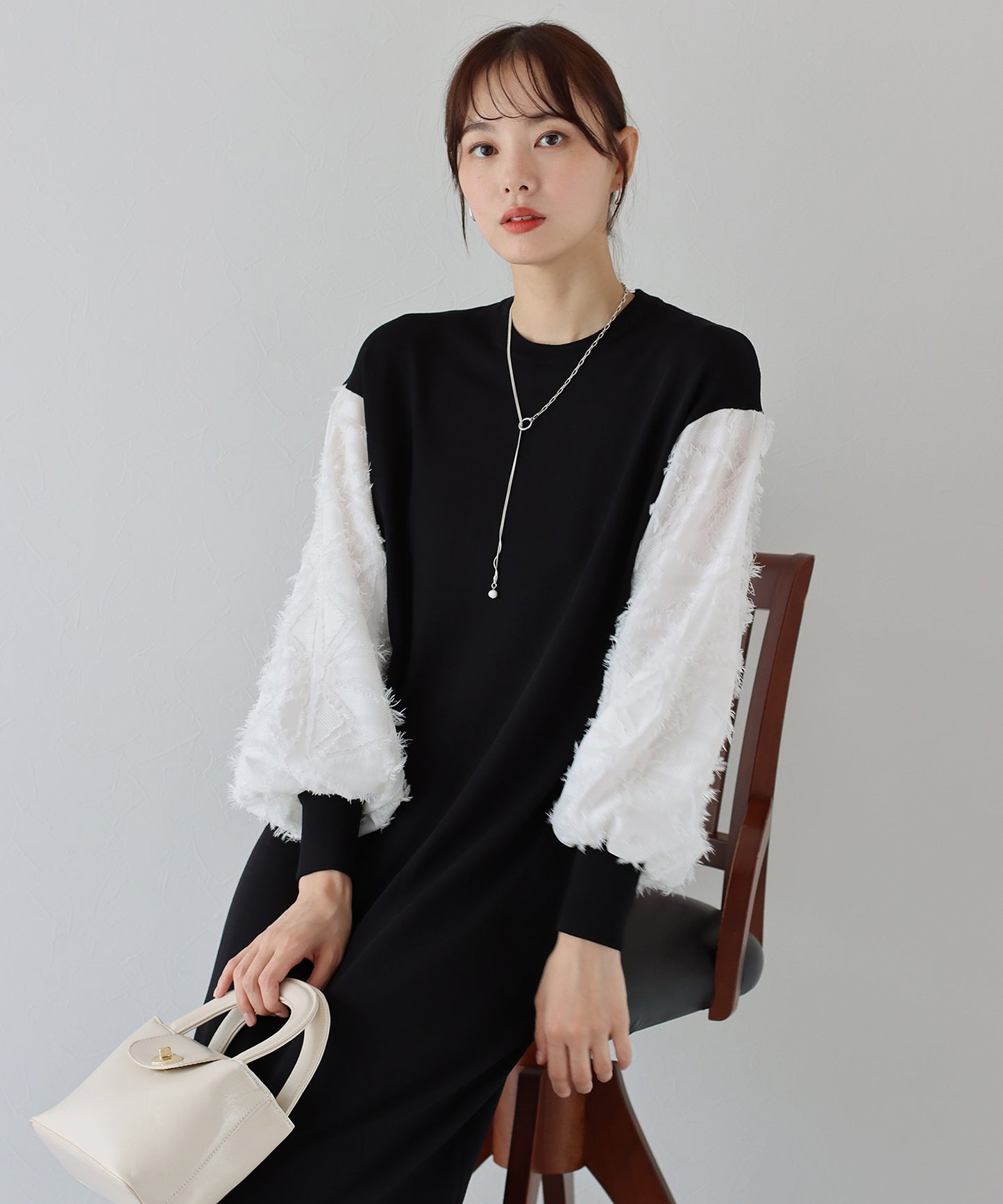 【TIME SALE】カットジャガード袖ニットワンピース