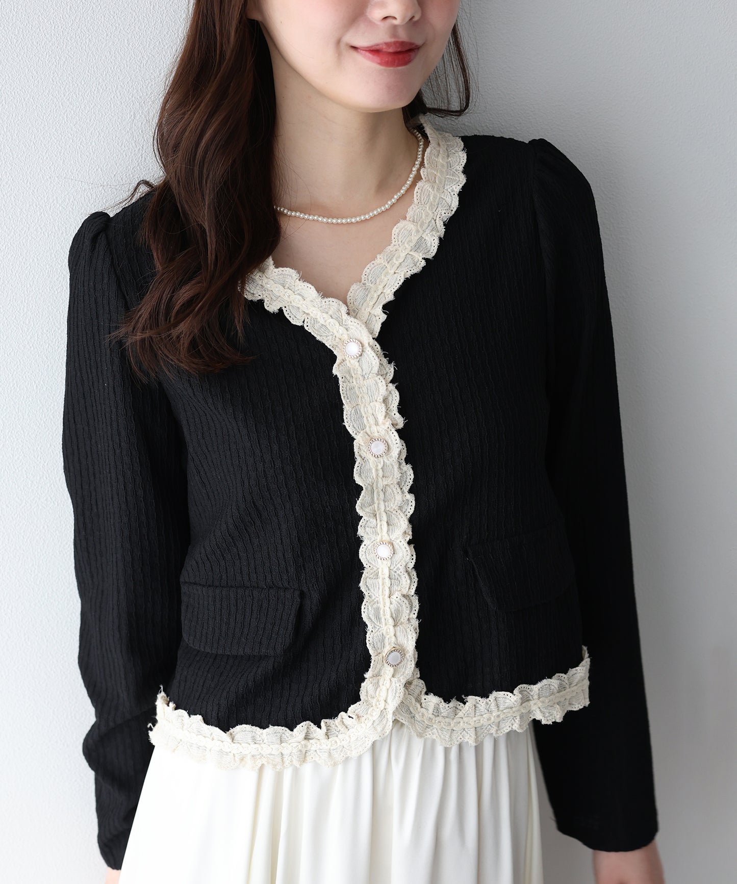 【早割5%OFF】フリルレースジャガードカーディガン