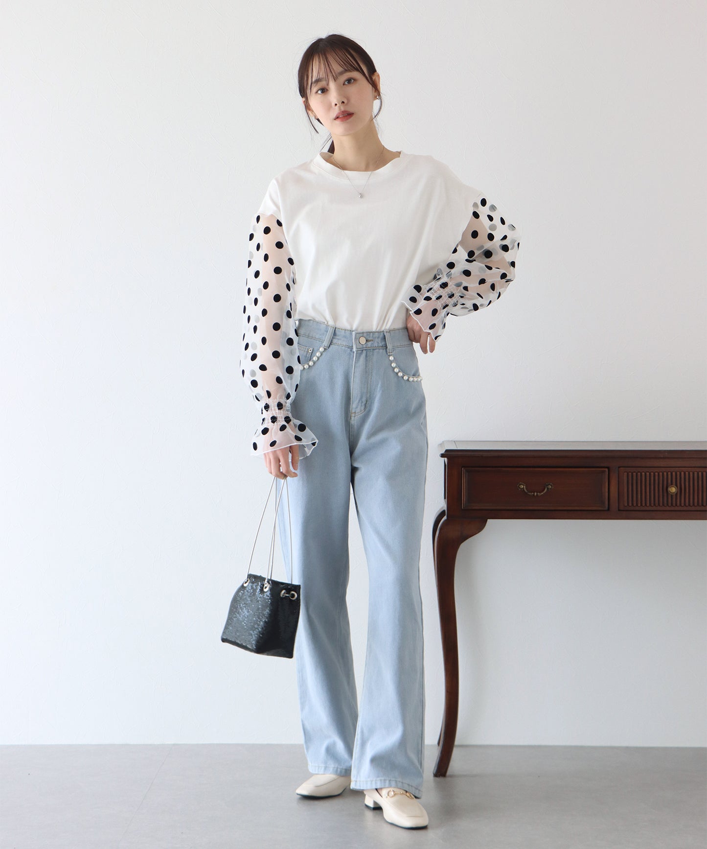 【SALE】袖ドットチュールカットソー【ネコポス】