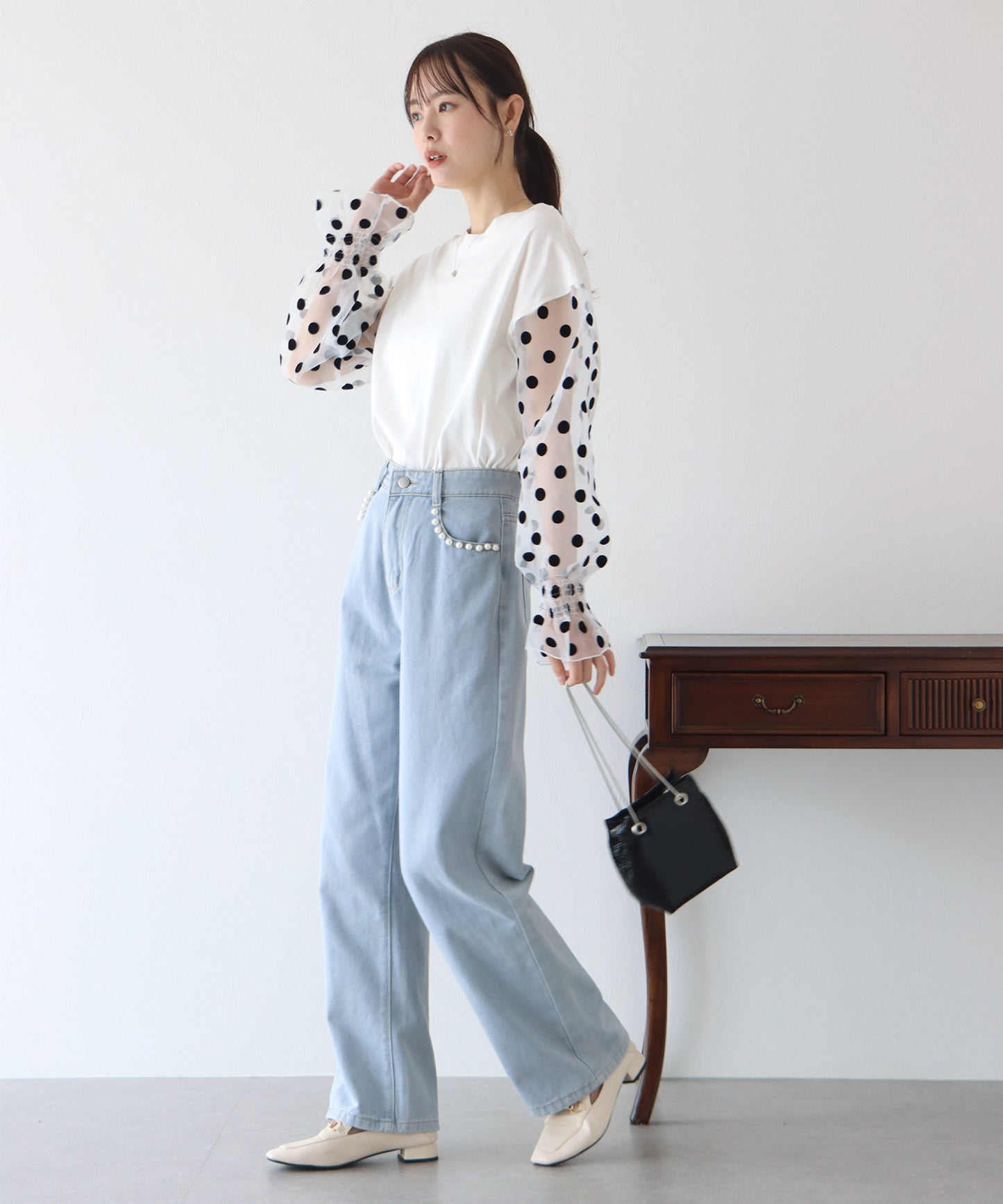 【SALE】袖ドットチュールカットソー【ネコポス】