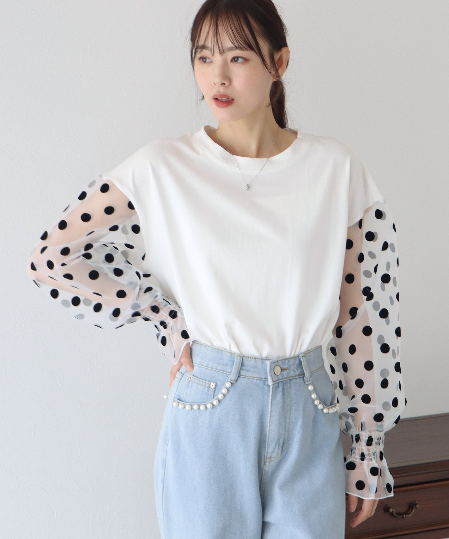 【SALE】袖ドットチュールカットソー【ネコポス】