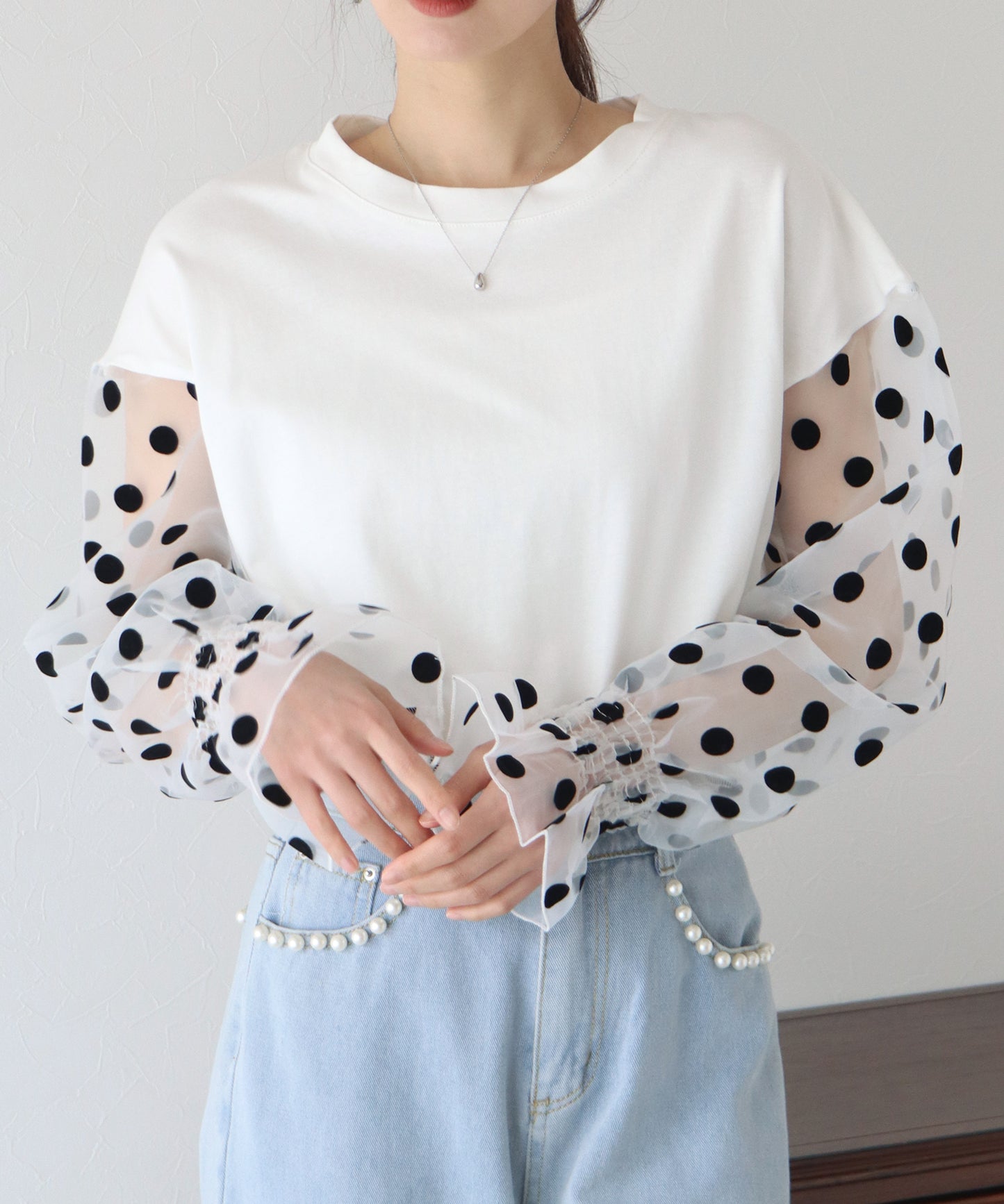 【SALE】袖ドットチュールカットソー【ネコポス】