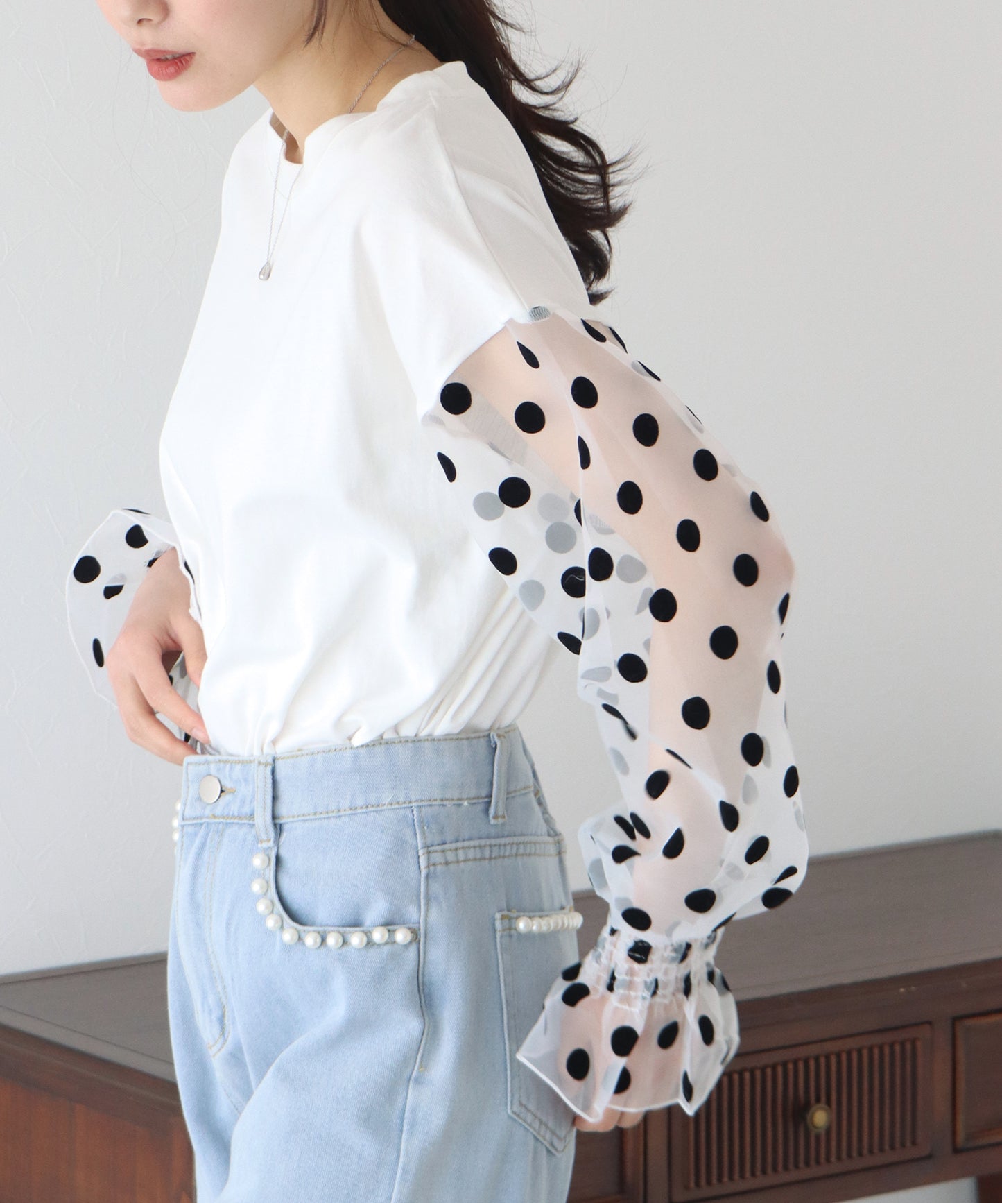 【SALE】袖ドットチュールカットソー【ネコポス】