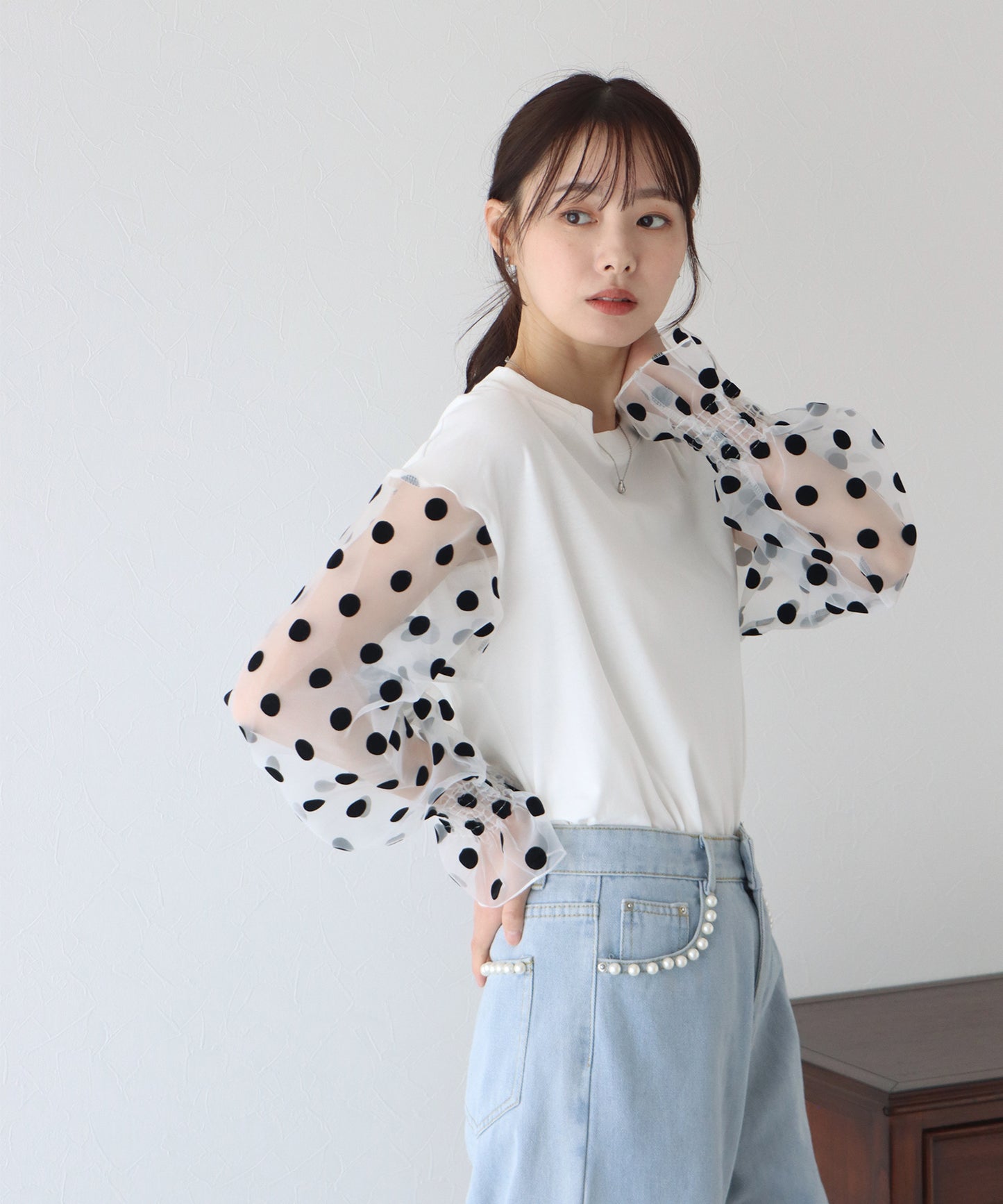 【SALE】袖ドットチュールカットソー【ネコポス】