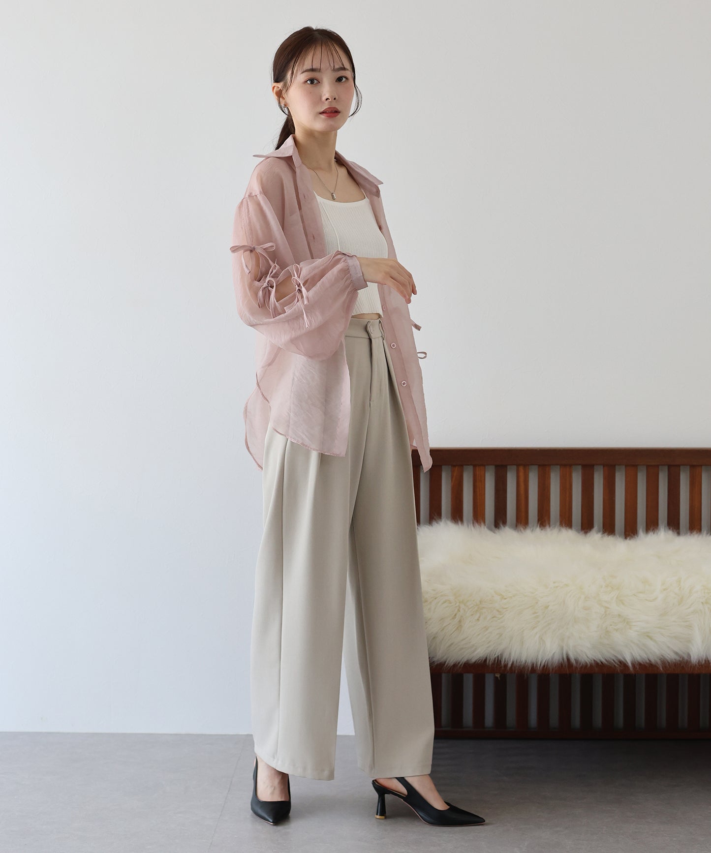 【SALE】袖リボンシアーシャツ【ネコポス】