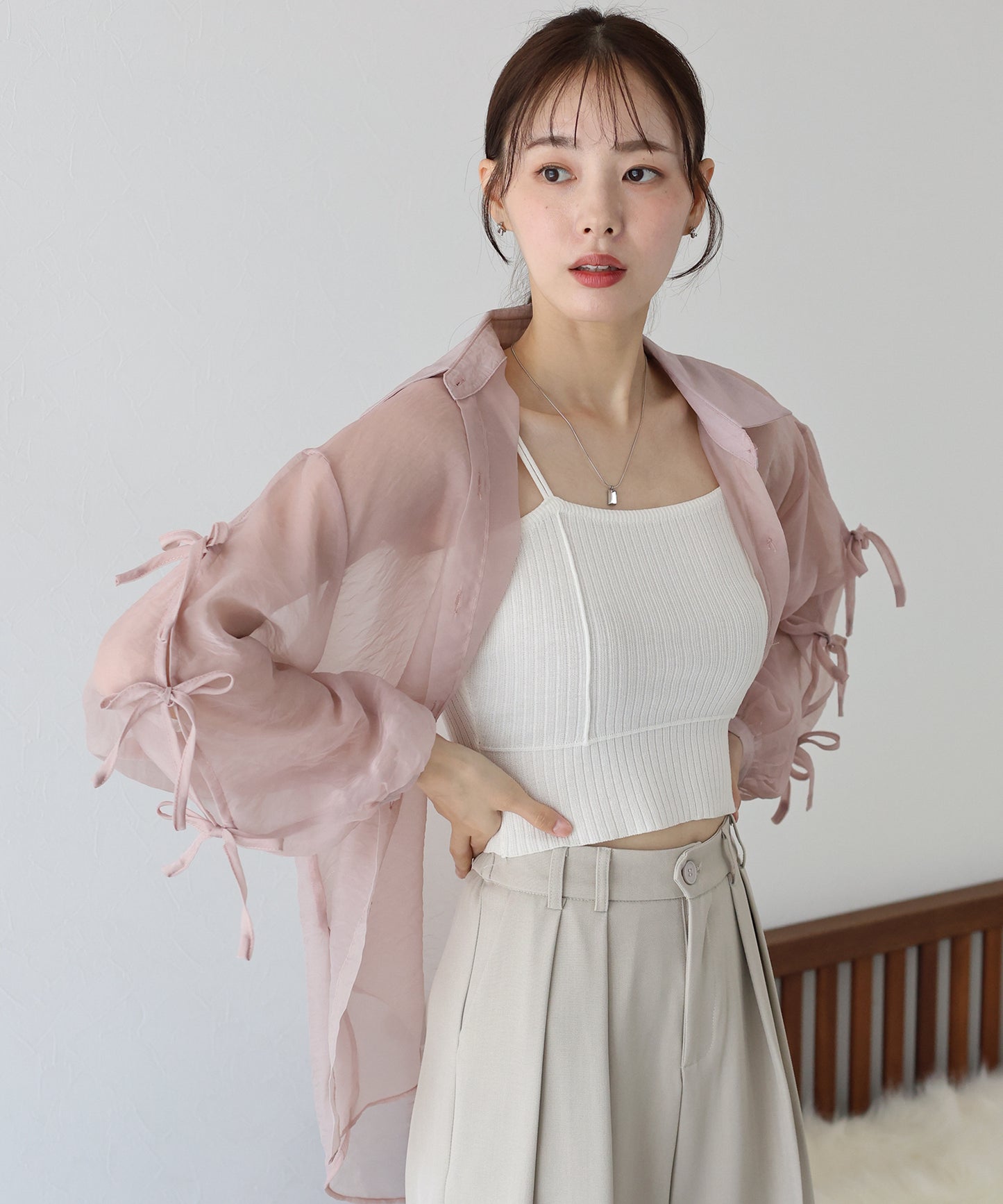 【SALE】袖リボンシアーシャツ【ネコポス】