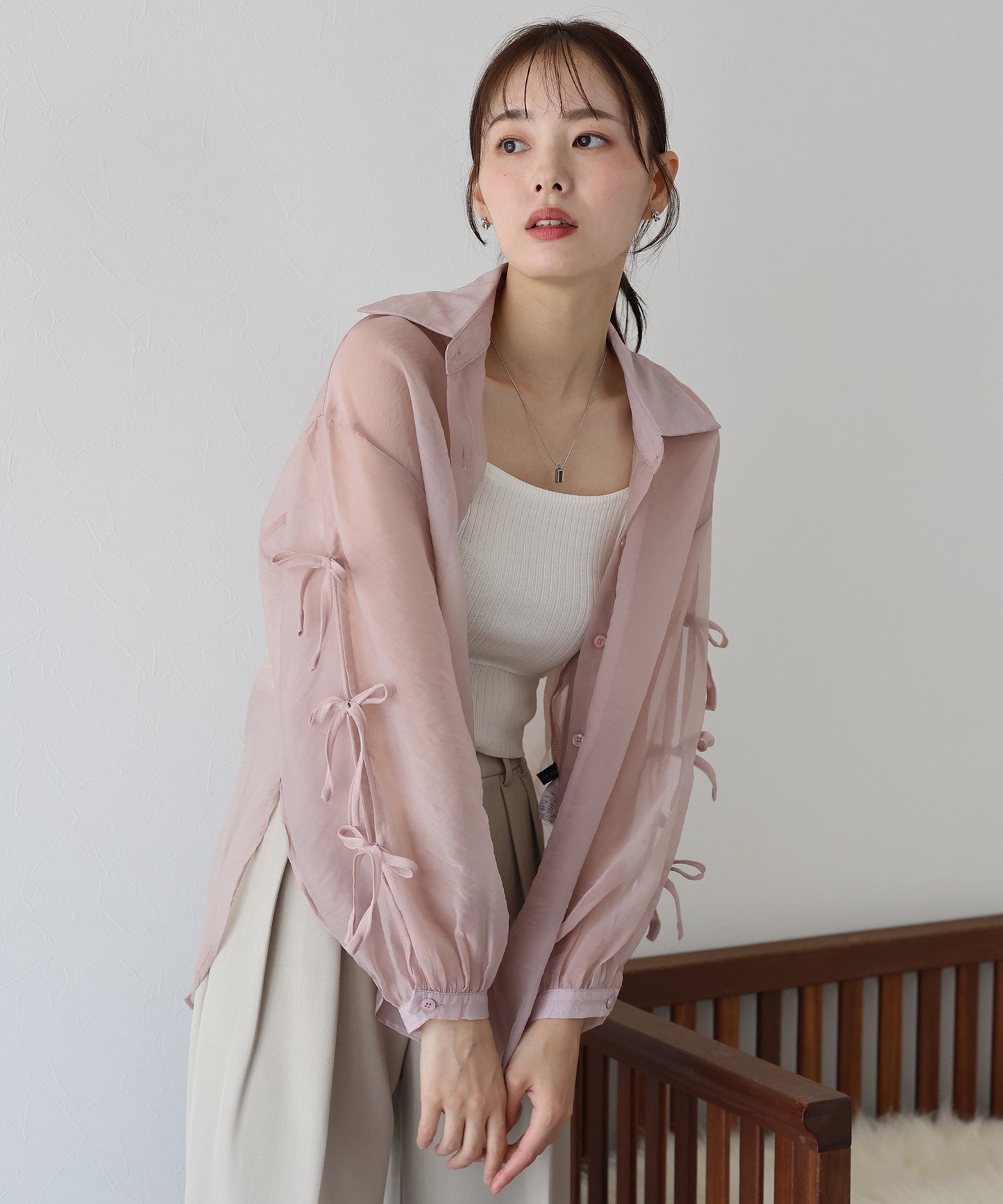 【SALE】袖リボンシアーシャツ【ネコポス】