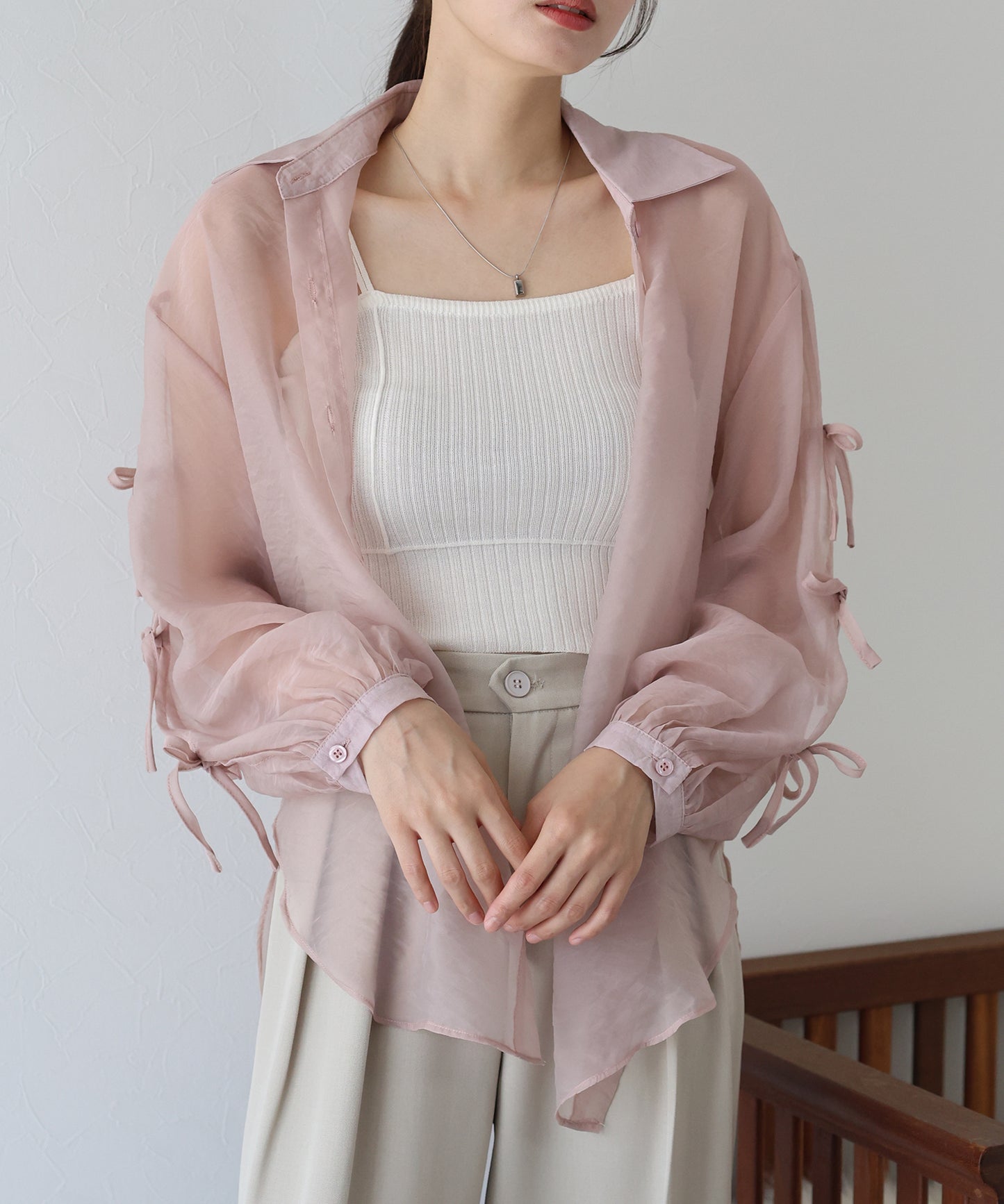 【SALE】袖リボンシアーシャツ【ネコポス】
