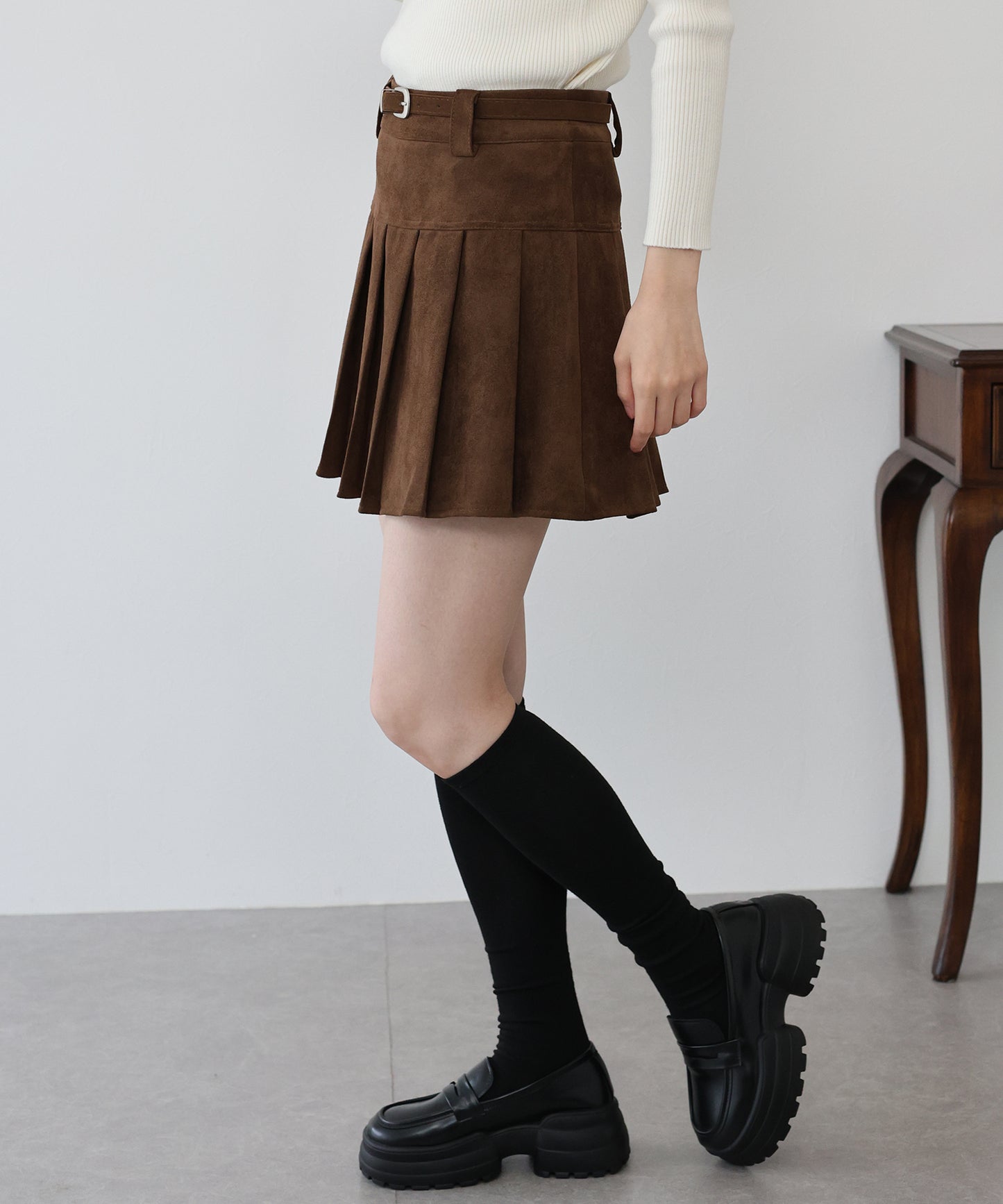 【早割5%OFF】ベルトSETスウェードプリーツミニスカート